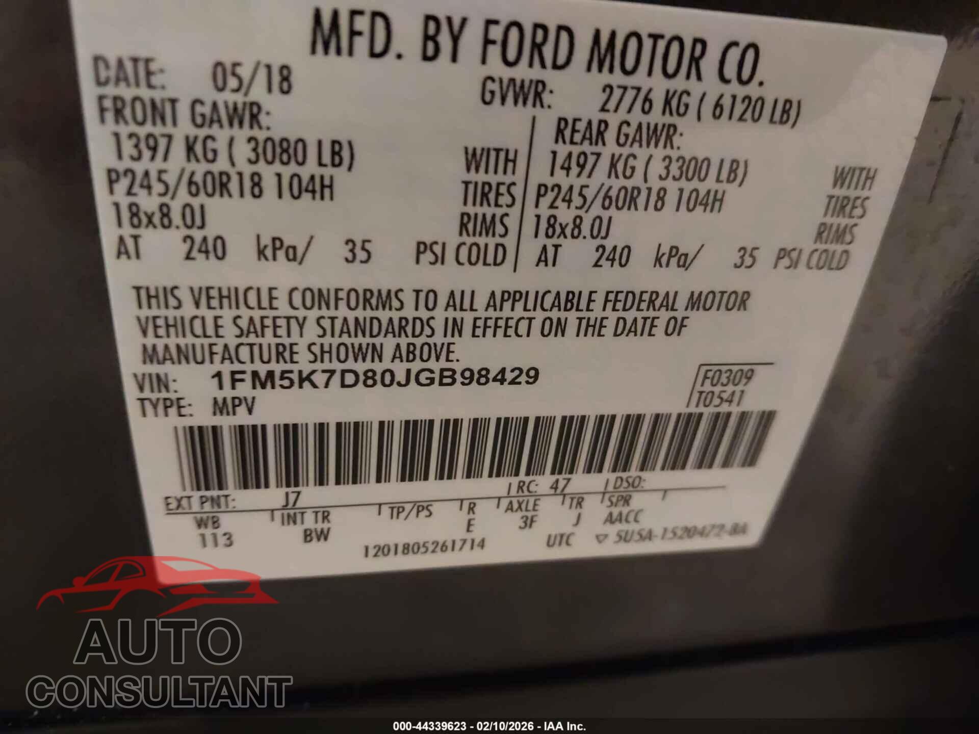 FORD EXPLORER 2018 - 1FM5K7D80JGB98429