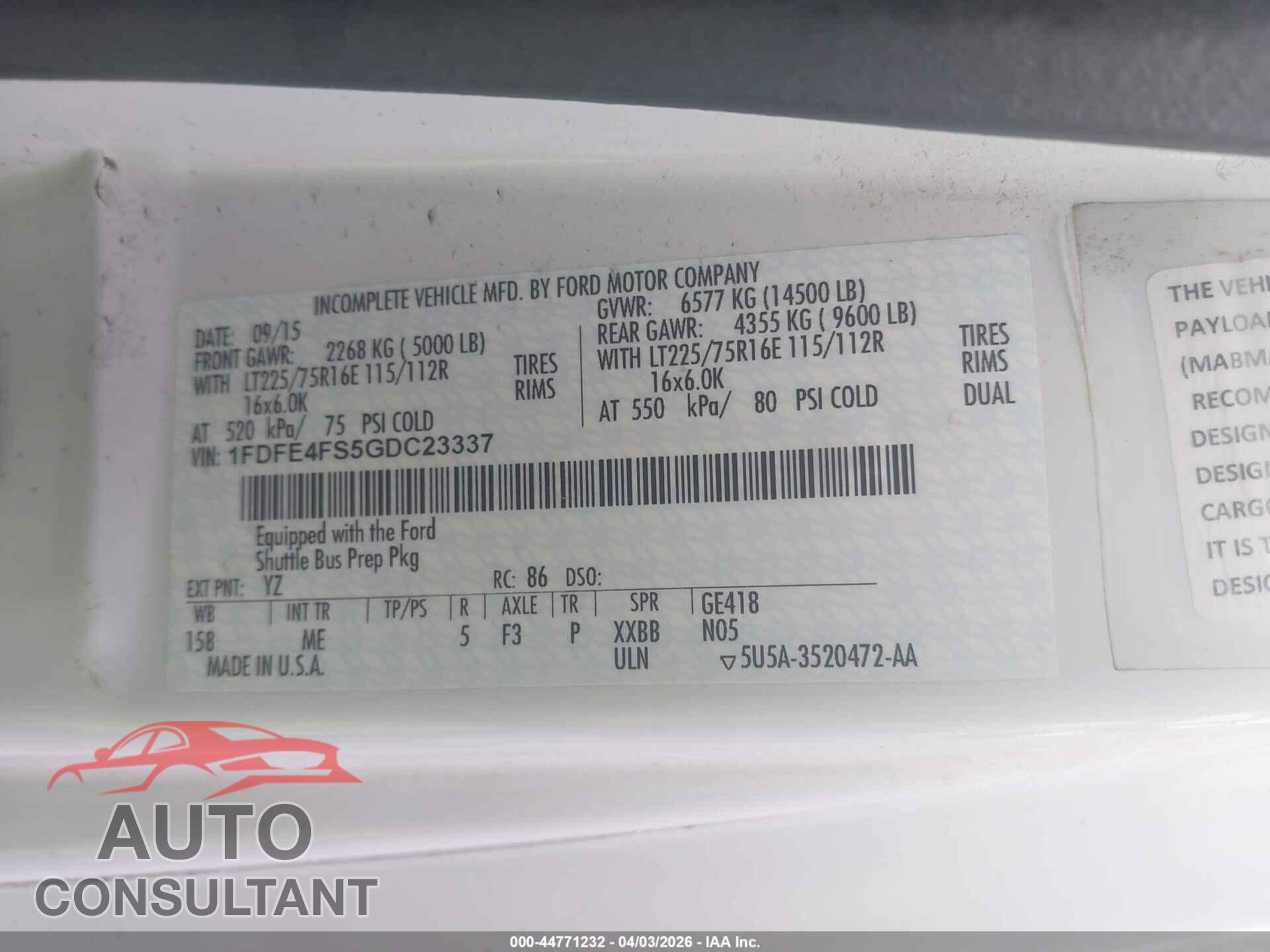 FORD E-450 CUTAWAY 2016 - 1FDFE4FS5GDC23337