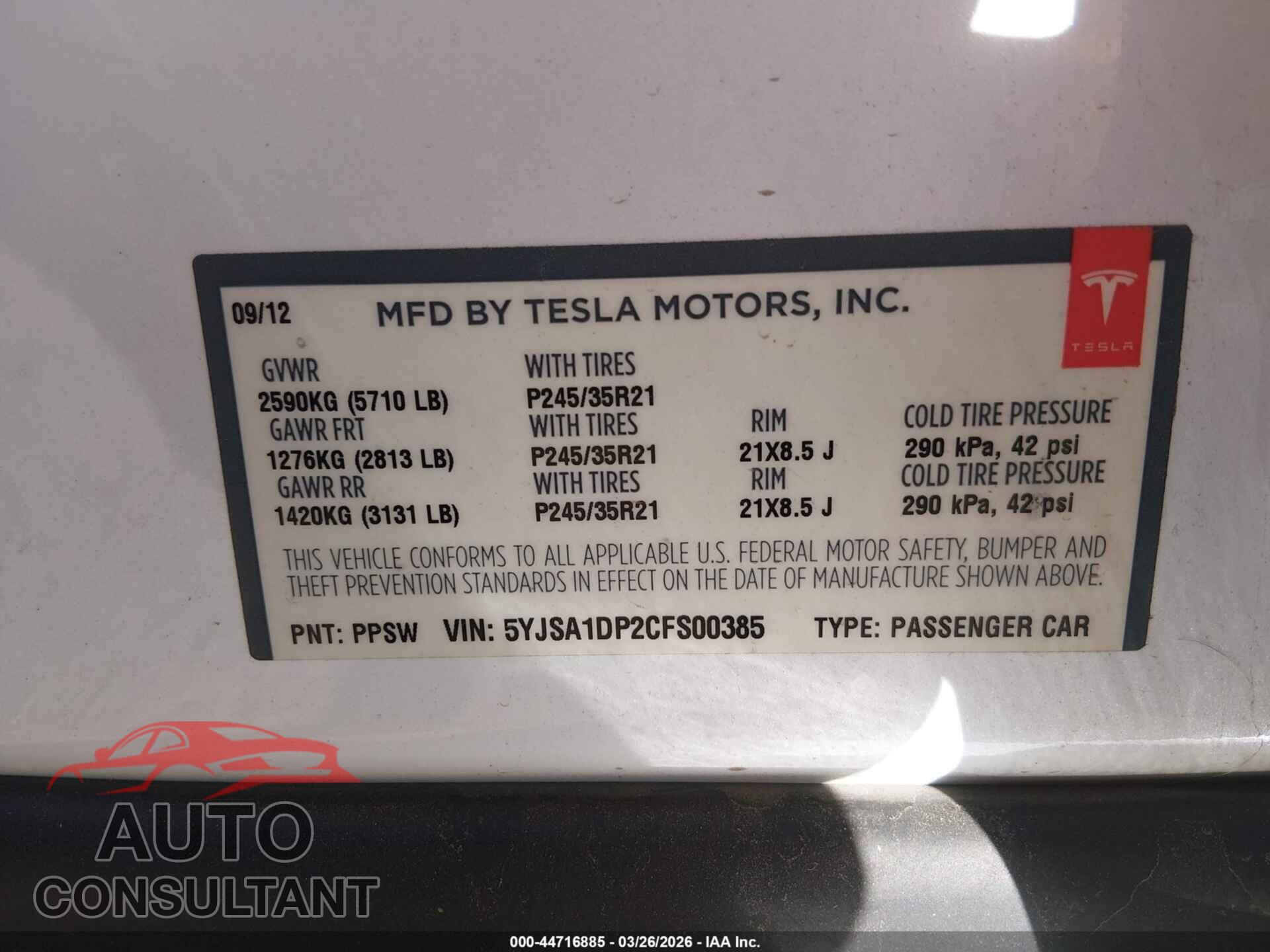 TESLA MODEL S 2012 - 5YJSA1DP2CFS00385