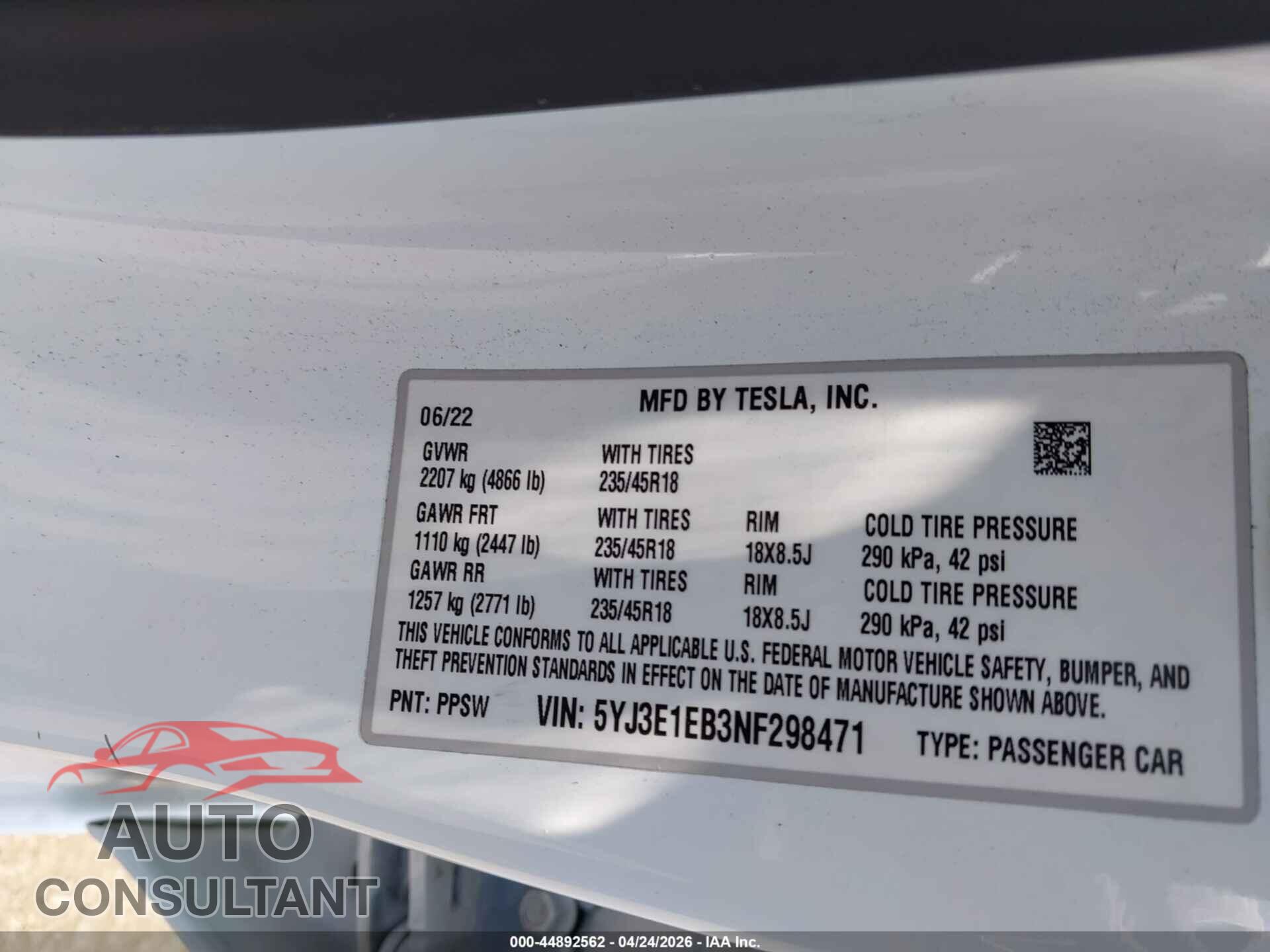TESLA MODEL 3 2022 - 5YJ3E1EB3NF298471