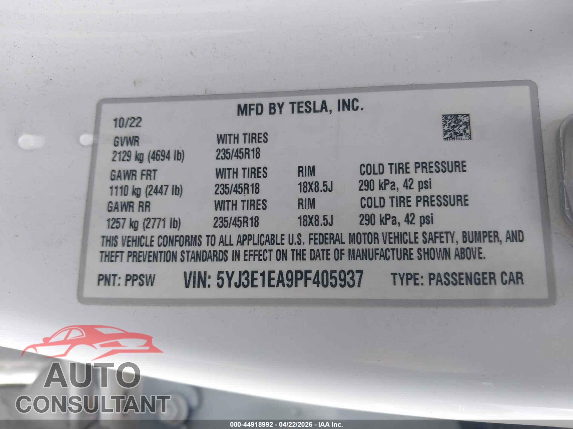 TESLA MODEL 3 2023 - 5YJ3E1EA9PF405937