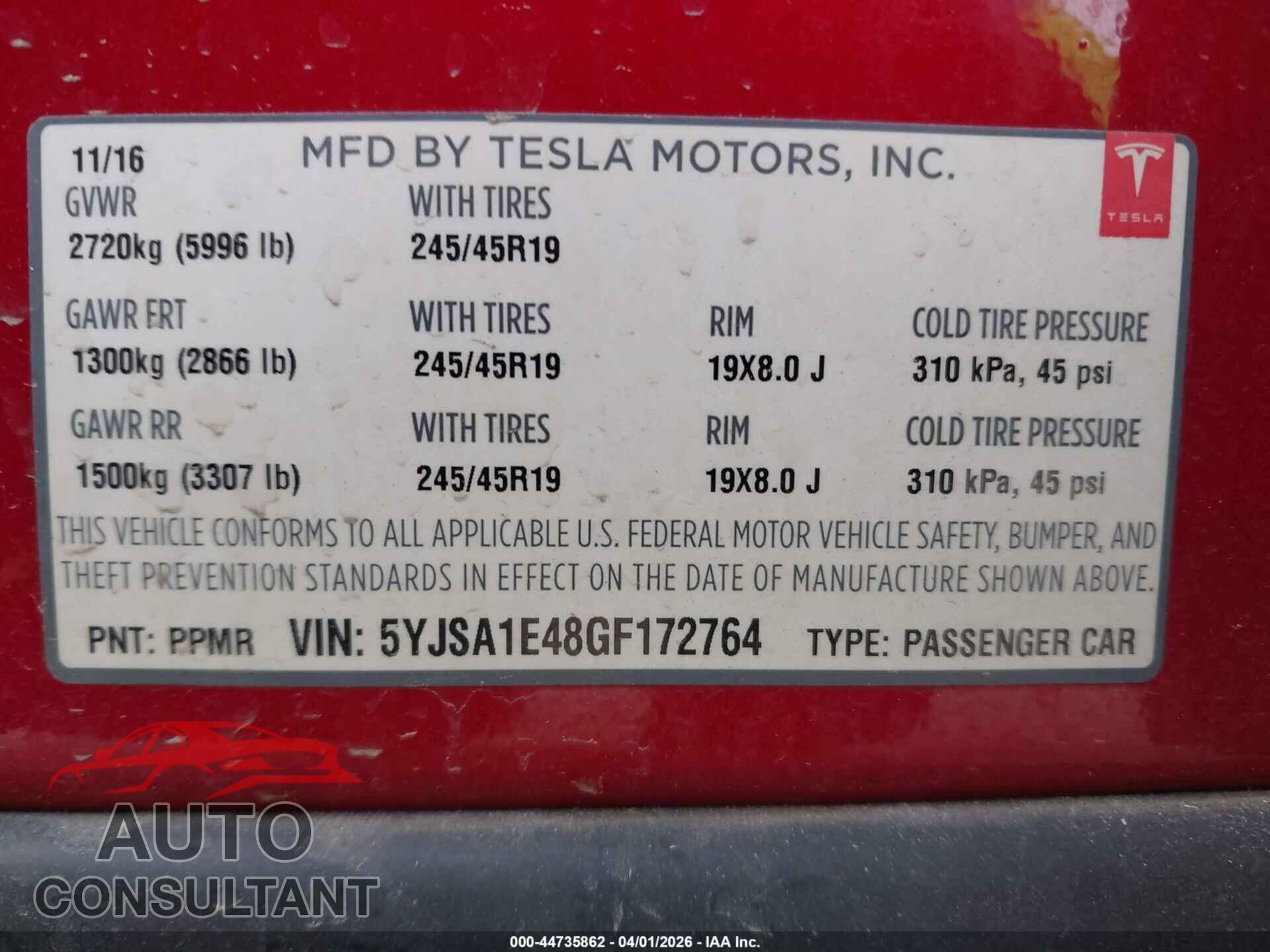 TESLA MODEL S 2016 - 5YJSA1E48GF172764