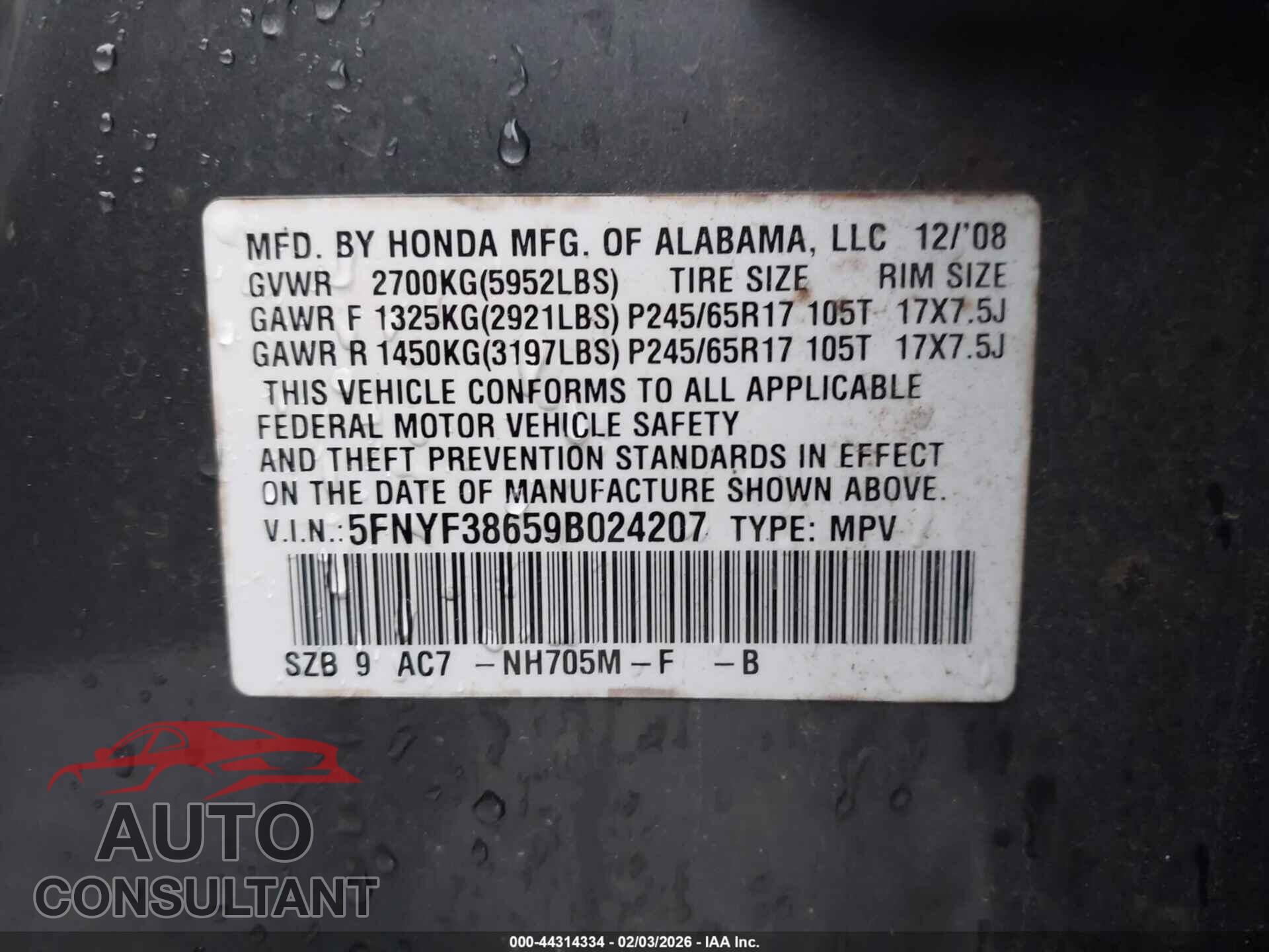 HONDA PILOT 2009 - 5FNYF38659B024207