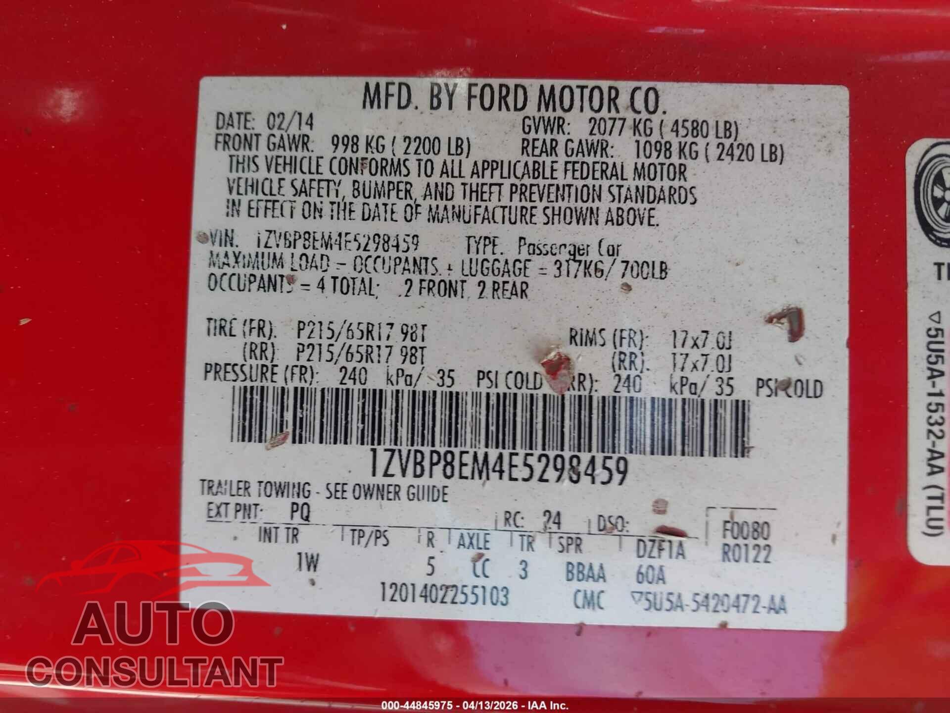 FORD MUSTANG 2014 - 1ZVBP8EM4E5298459