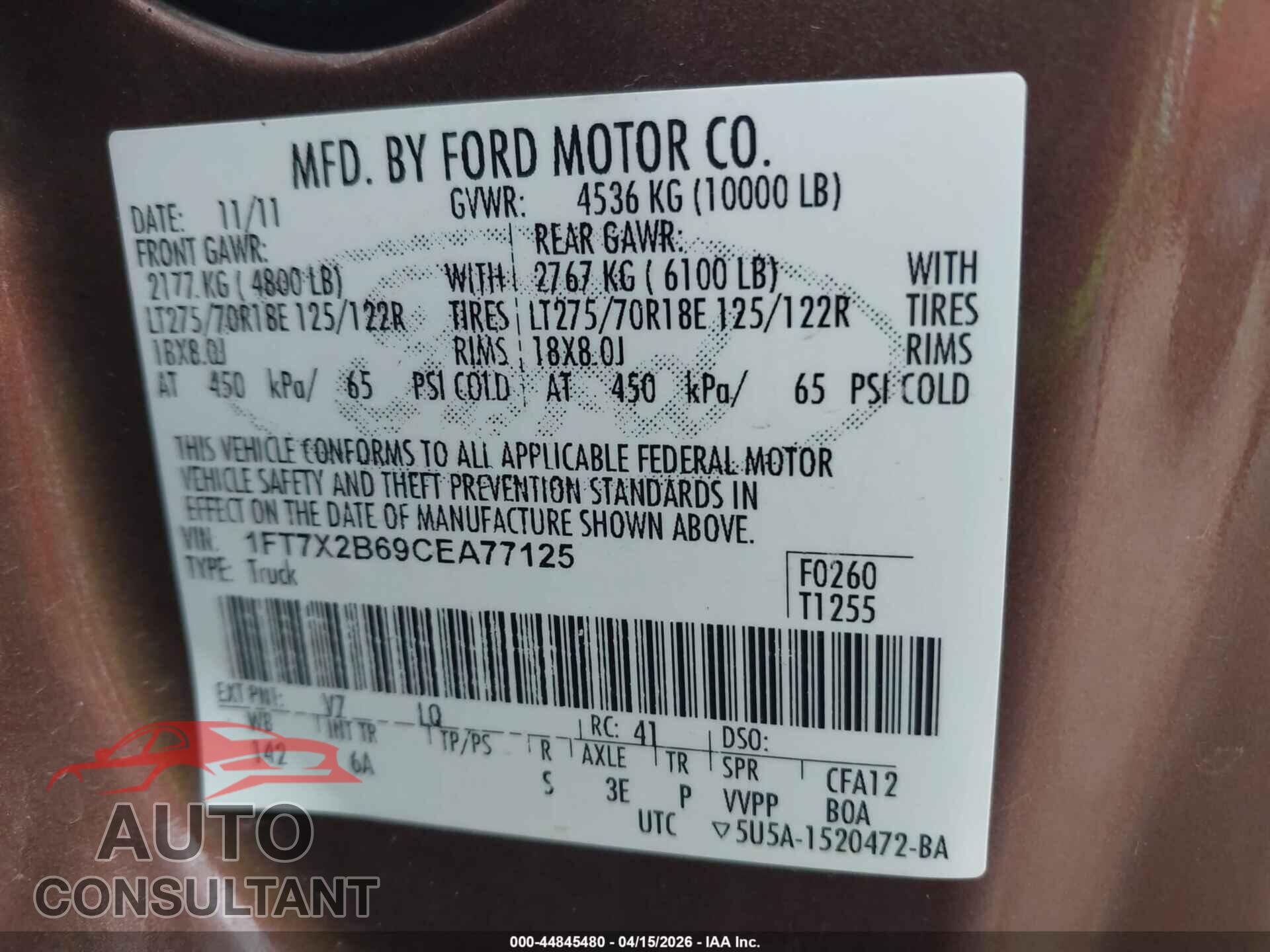 FORD F-250 2012 - 1FT7X2B69CEA77125
