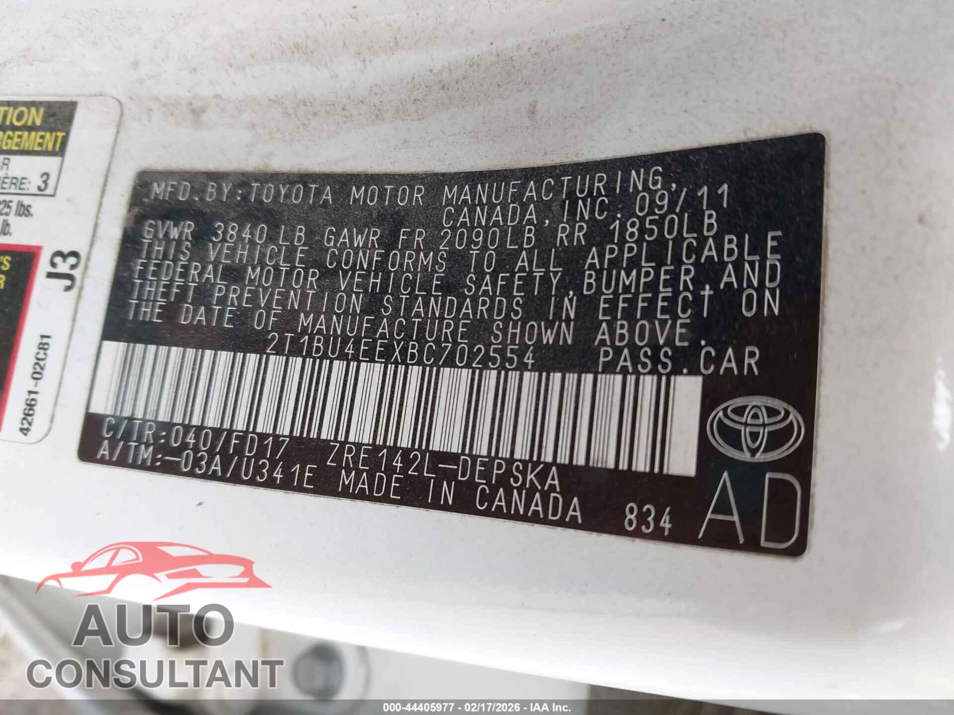 TOYOTA COROLLA 2011 - 2T1BU4EEXBC702554