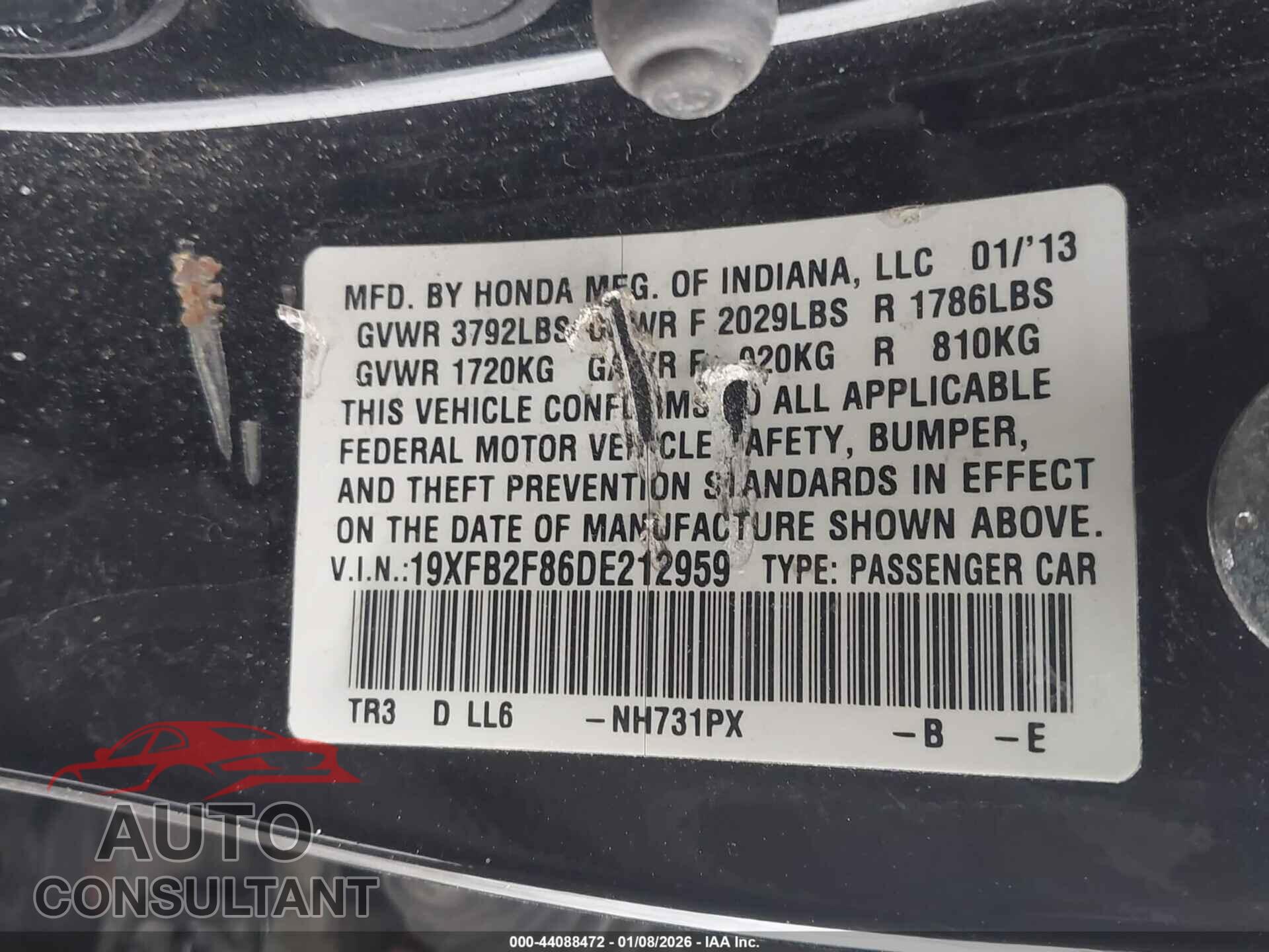 HONDA CIVIC 2013 - 19XFB2F86DE212959