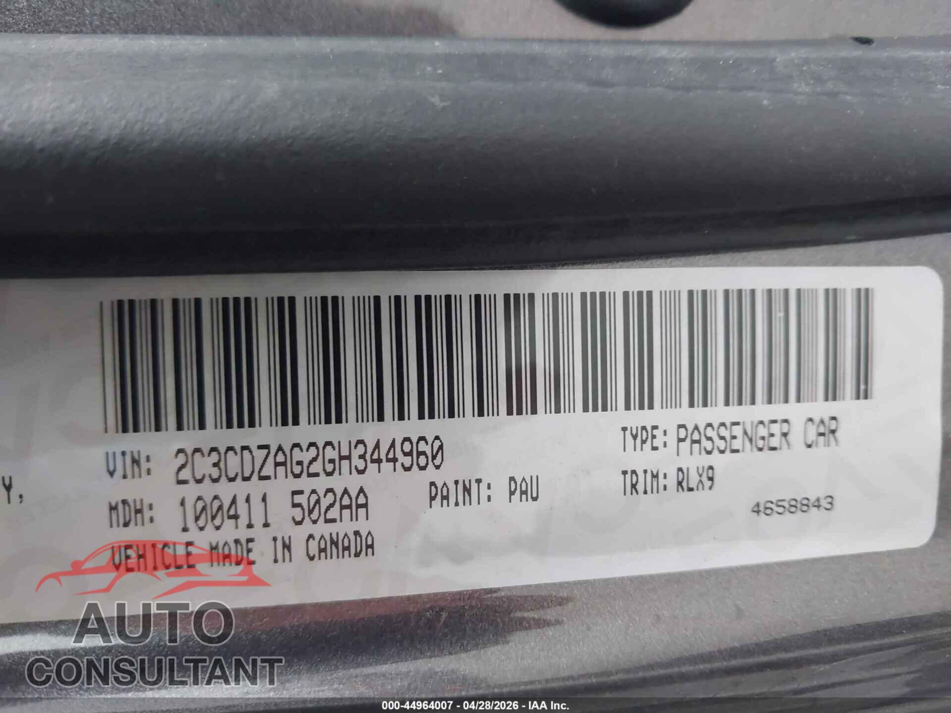 DODGE CHALLENGER 2016 - 2C3CDZAG2GH344960