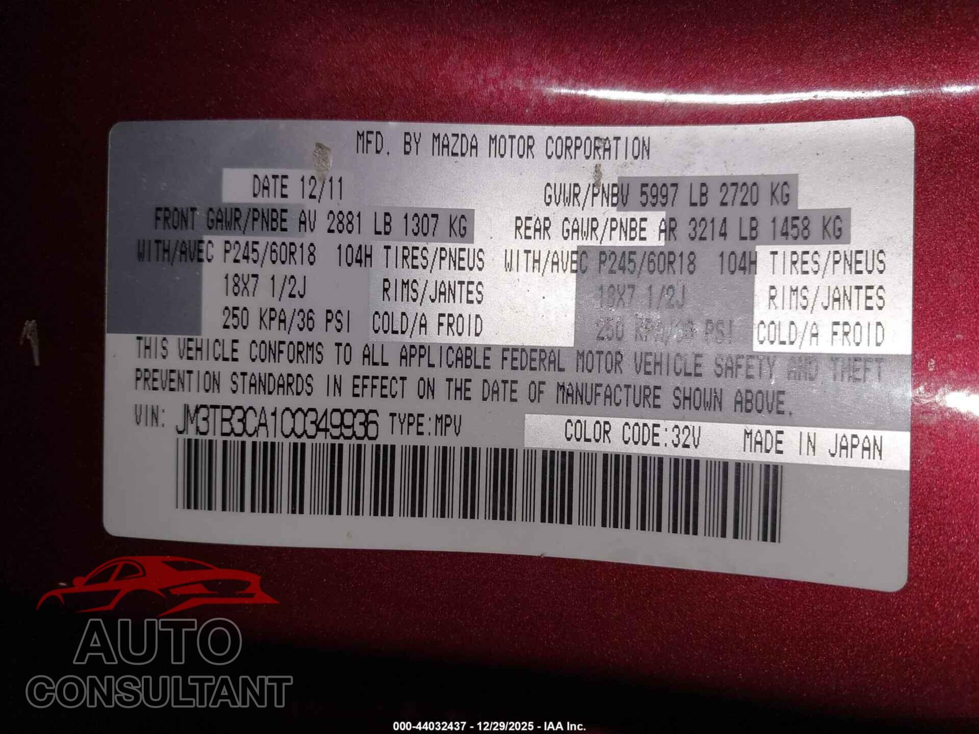 MAZDA CX-9 2012 - JM3TB3CA1C0349936