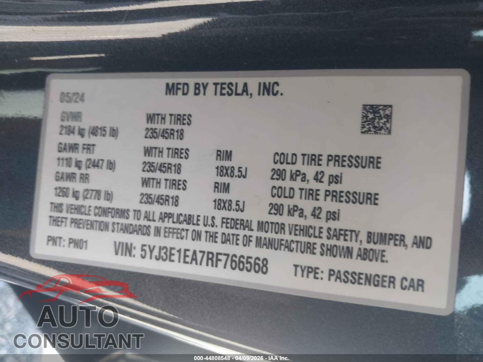 TESLA MODEL 3 2024 - 5YJ3E1EA7RF766568