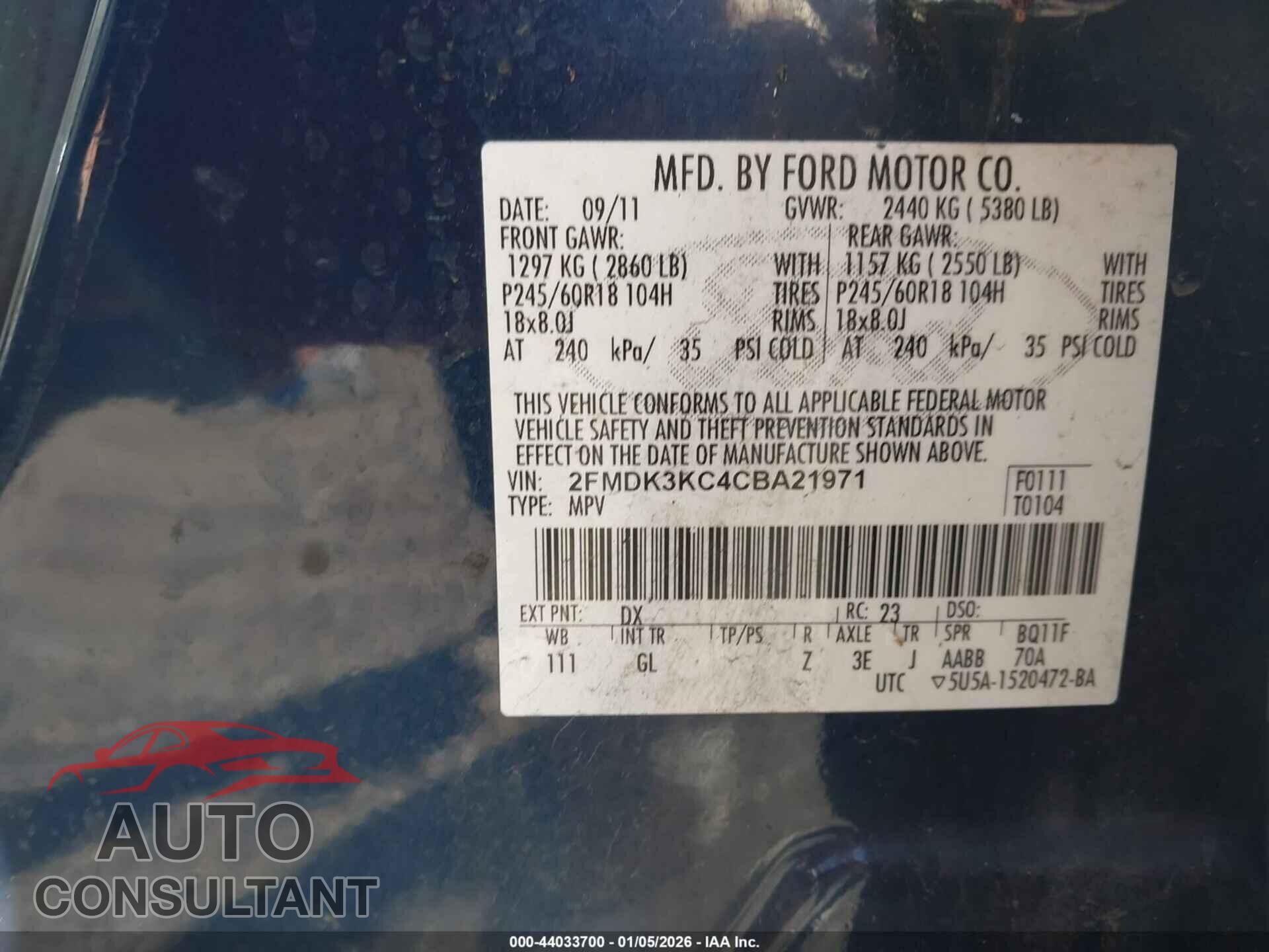 FORD EDGE 2012 - 2FMDK3KC4CBA21971