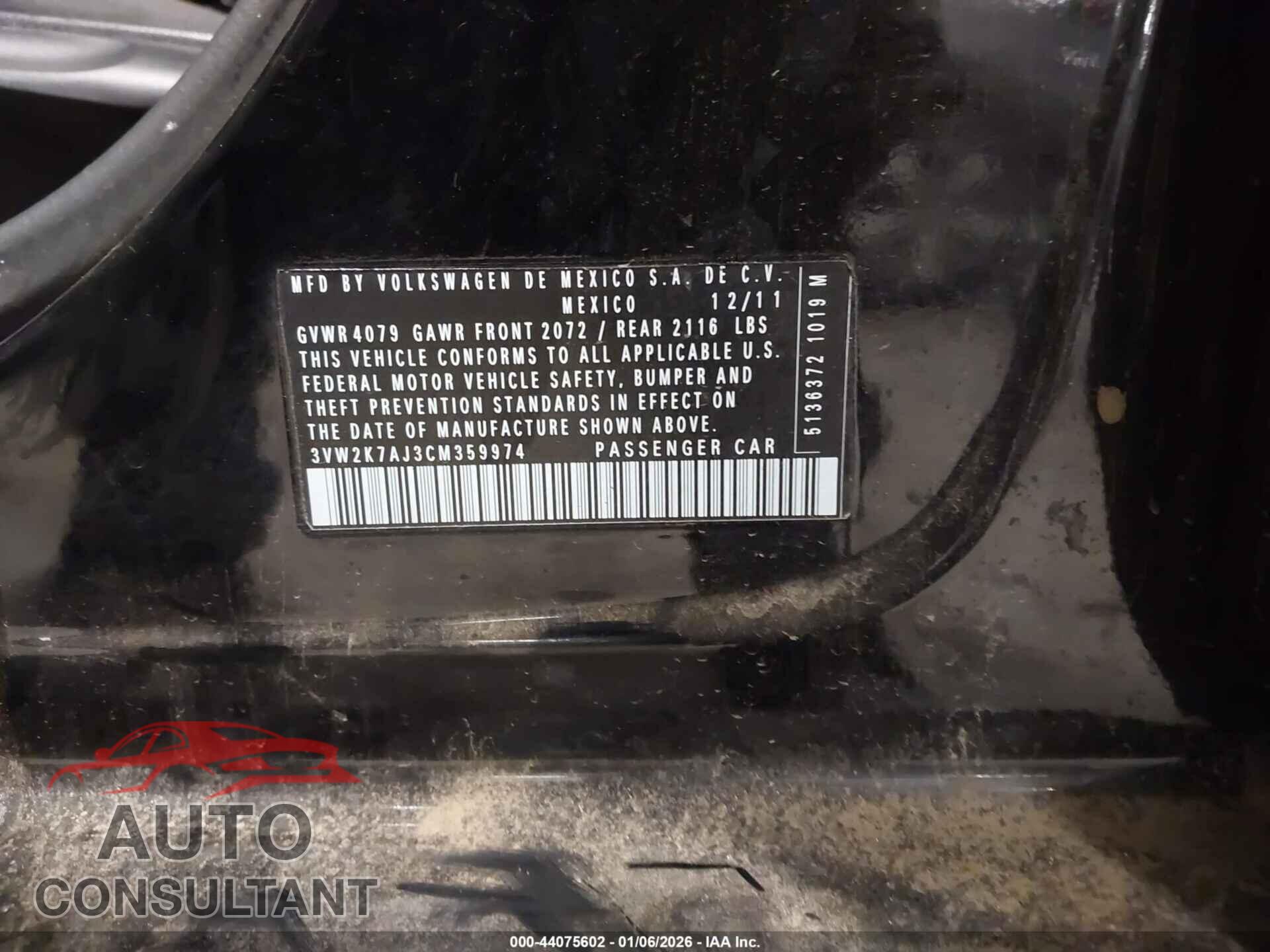 VOLKSWAGEN JETTA 2012 - 3VW2K7AJ3CM359974