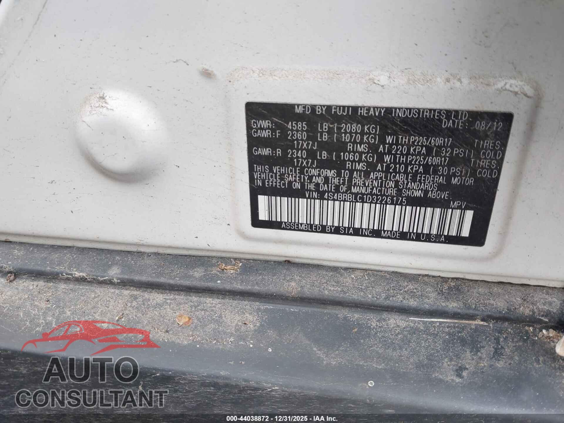 SUBARU OUTBACK 2013 - 4S4BRBLC1D3226175