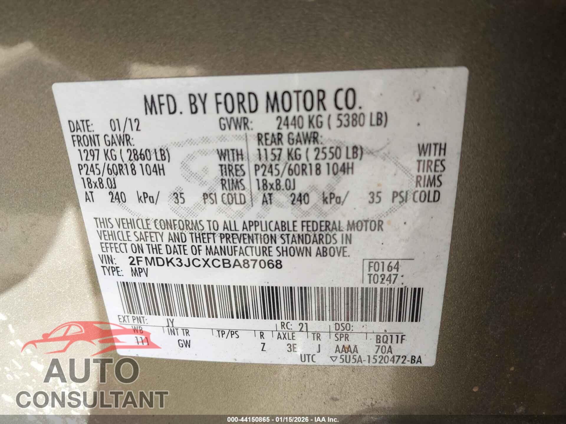 FORD EDGE 2012 - 2FMDK3JCXCBA87068