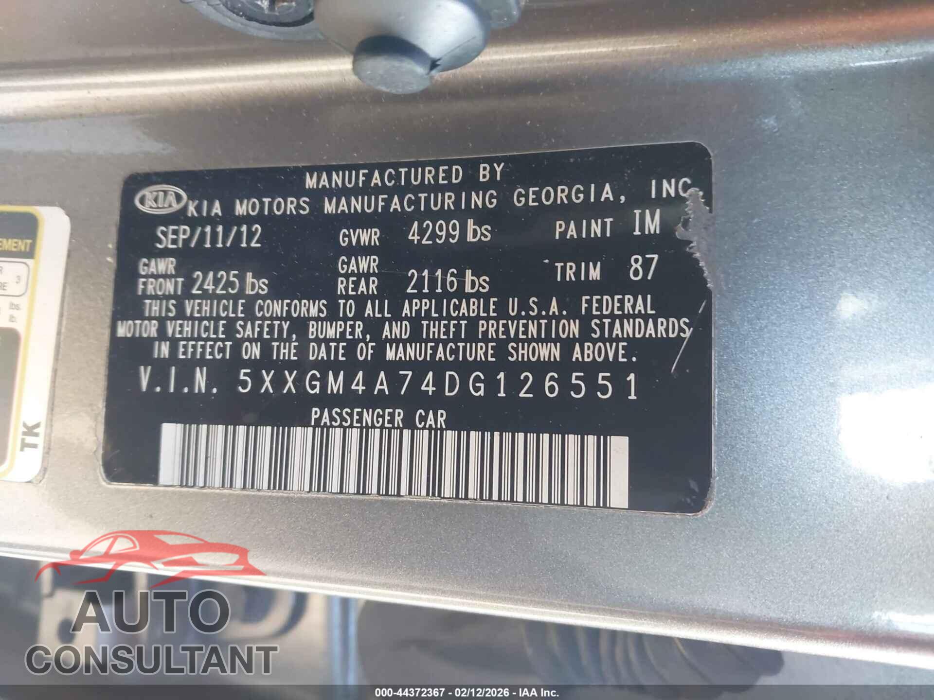 KIA OPTIMA 2013 - 5XXGM4A74DG126551