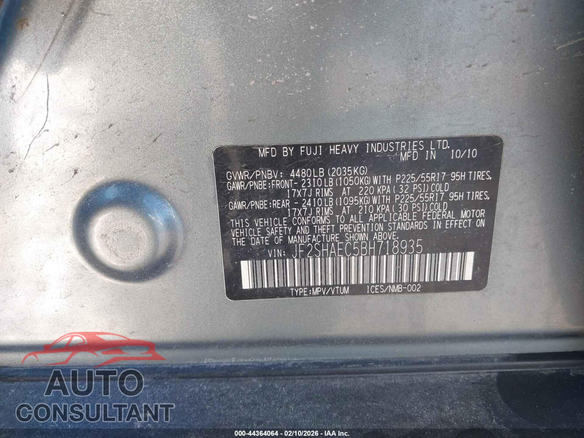 SUBARU FORESTER 2011 - JF2SHAEC5BH718935