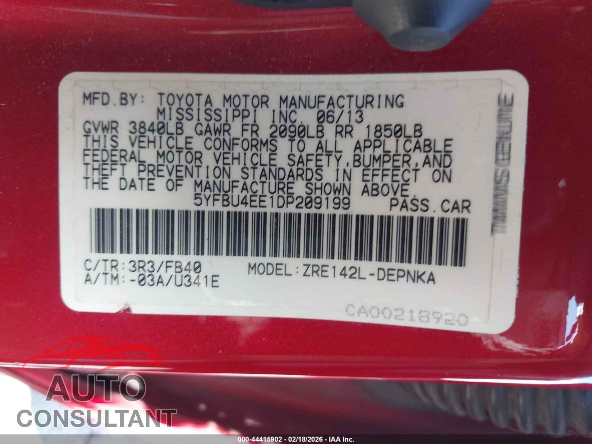 TOYOTA COROLLA 2013 - 5YFBU4EE1DP209199