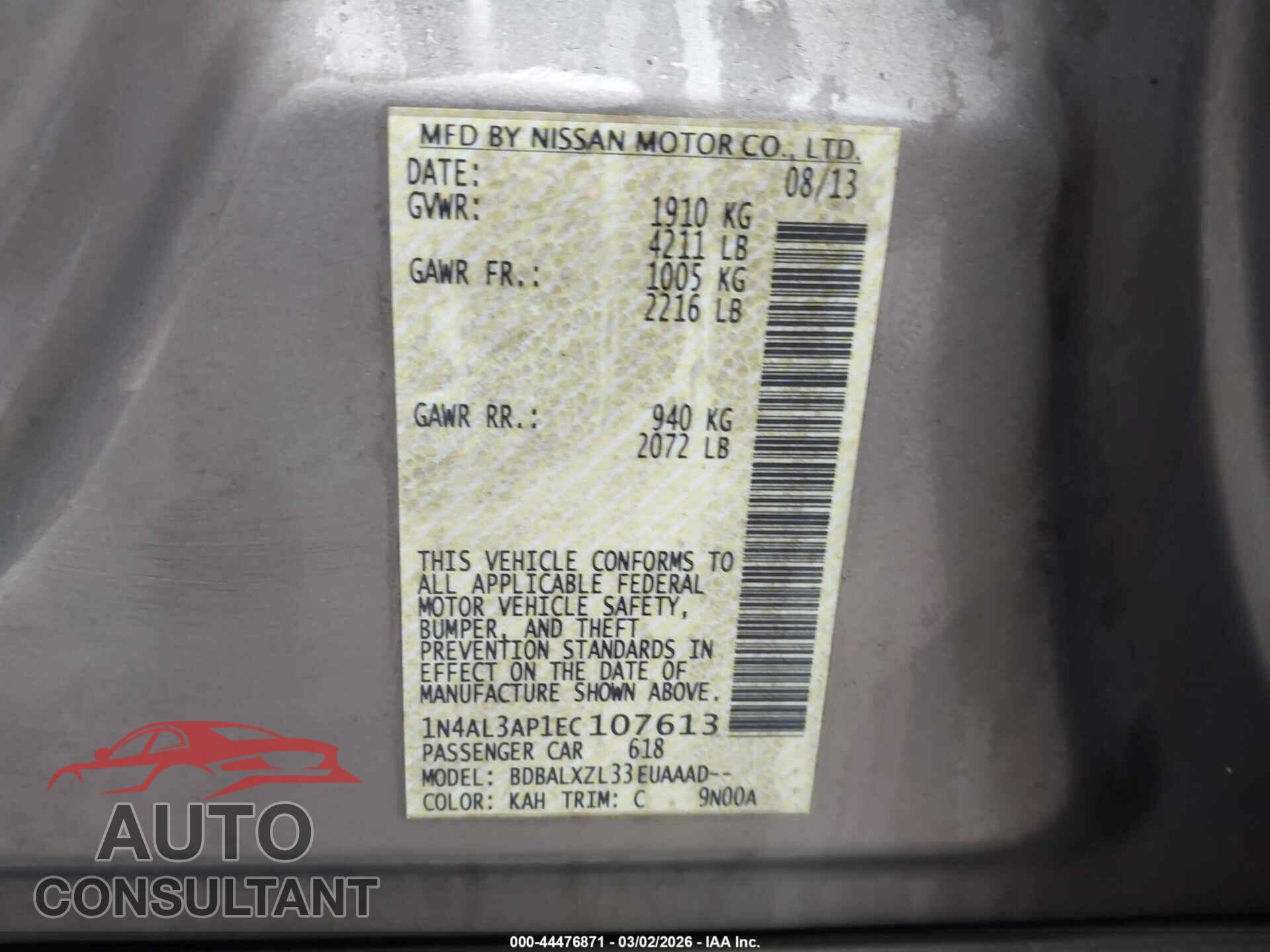 NISSAN ALTIMA 2014 - 1N4AL3AP1EC107613
