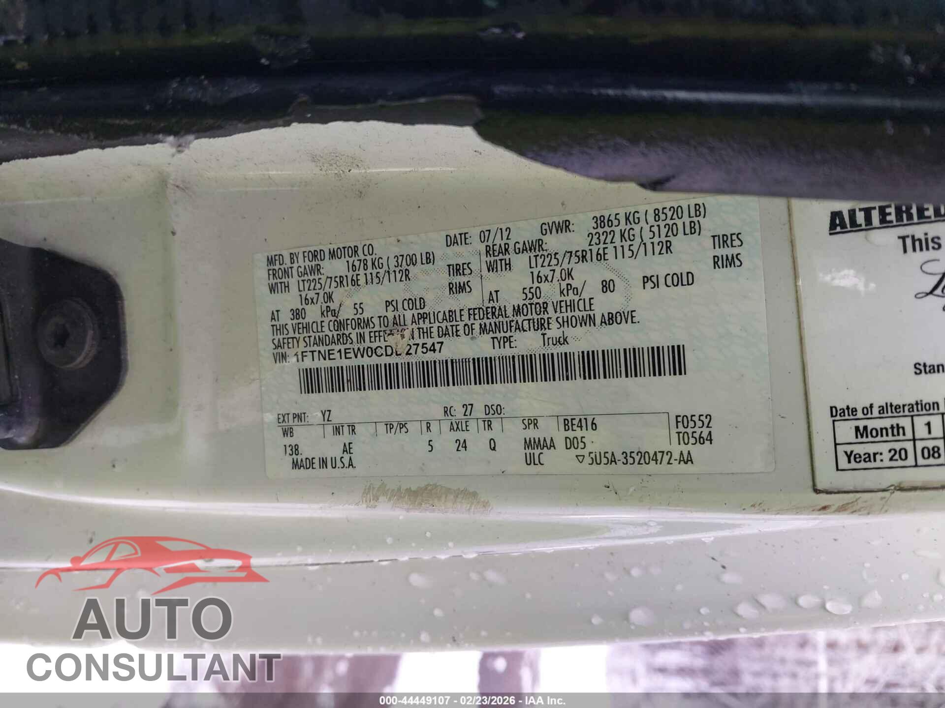 FORD E-150 2012 - 1FTNE1EW0CDB27547