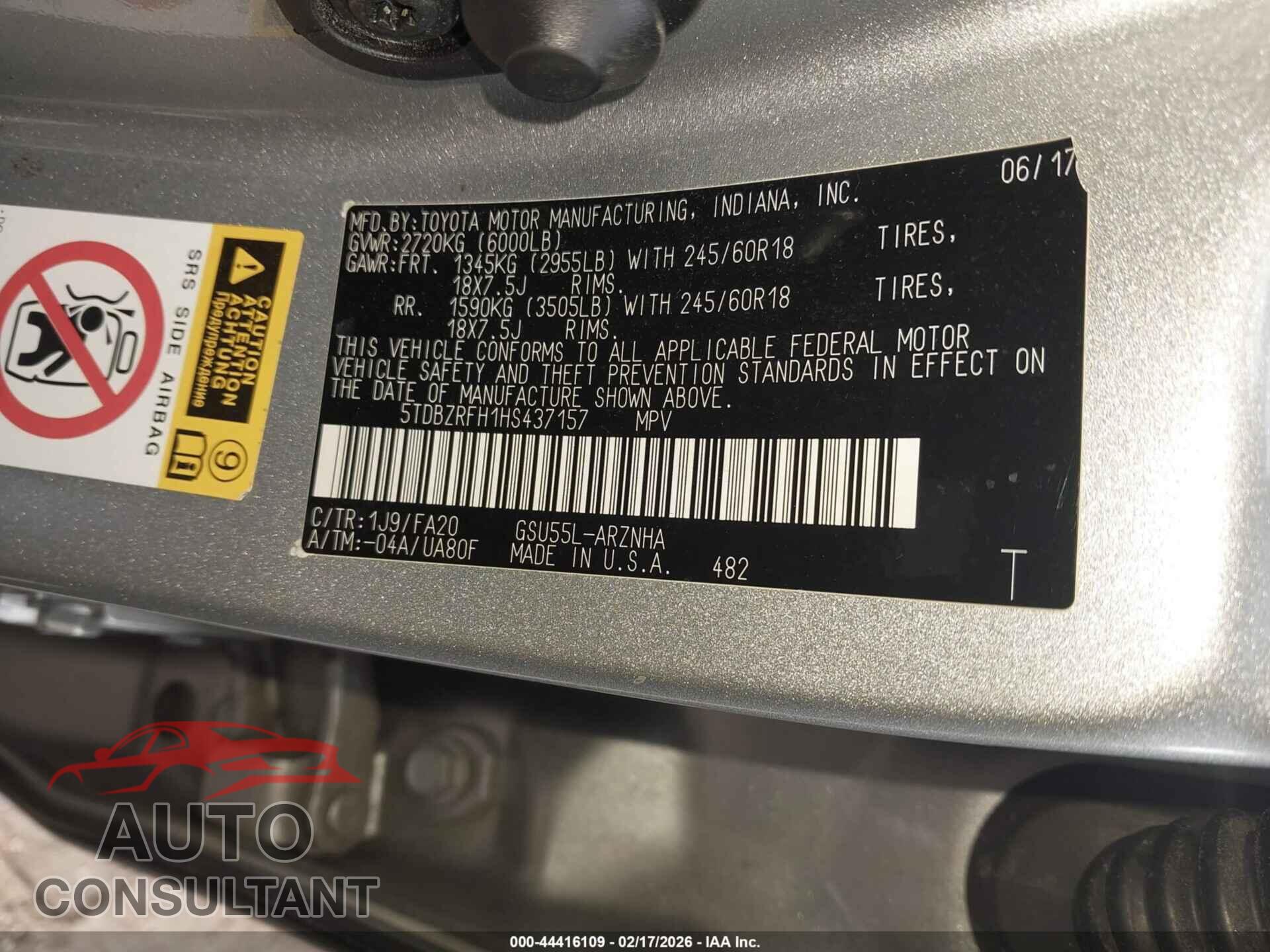 TOYOTA HIGHLANDER 2017 - 5TDBZRFH1HS437157
