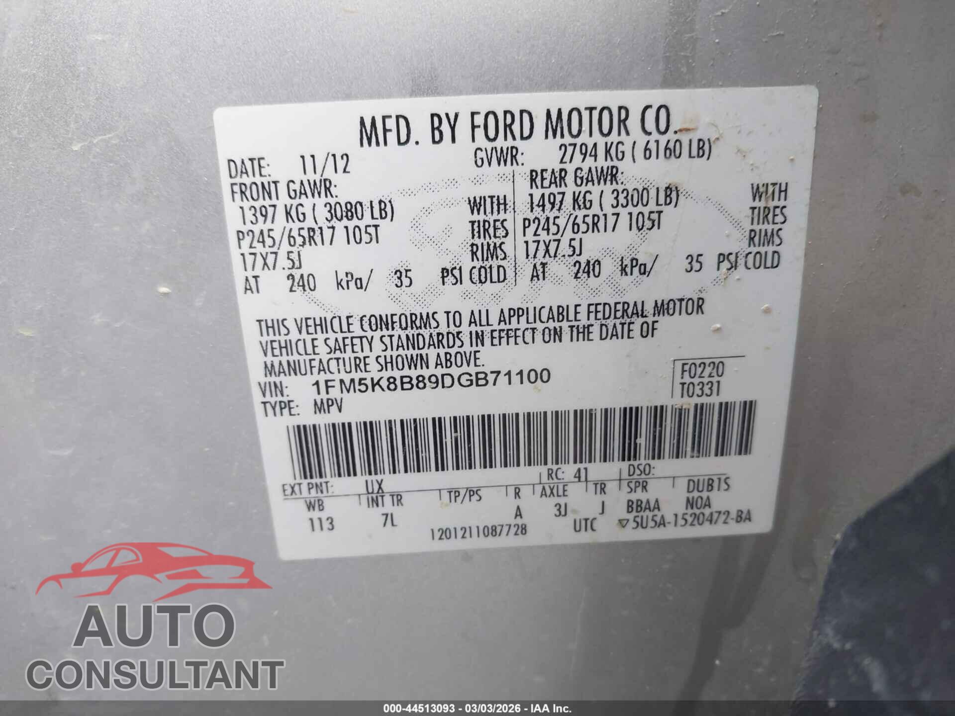 FORD EXPLORER 2013 - 1FM5K8B89DGB71100