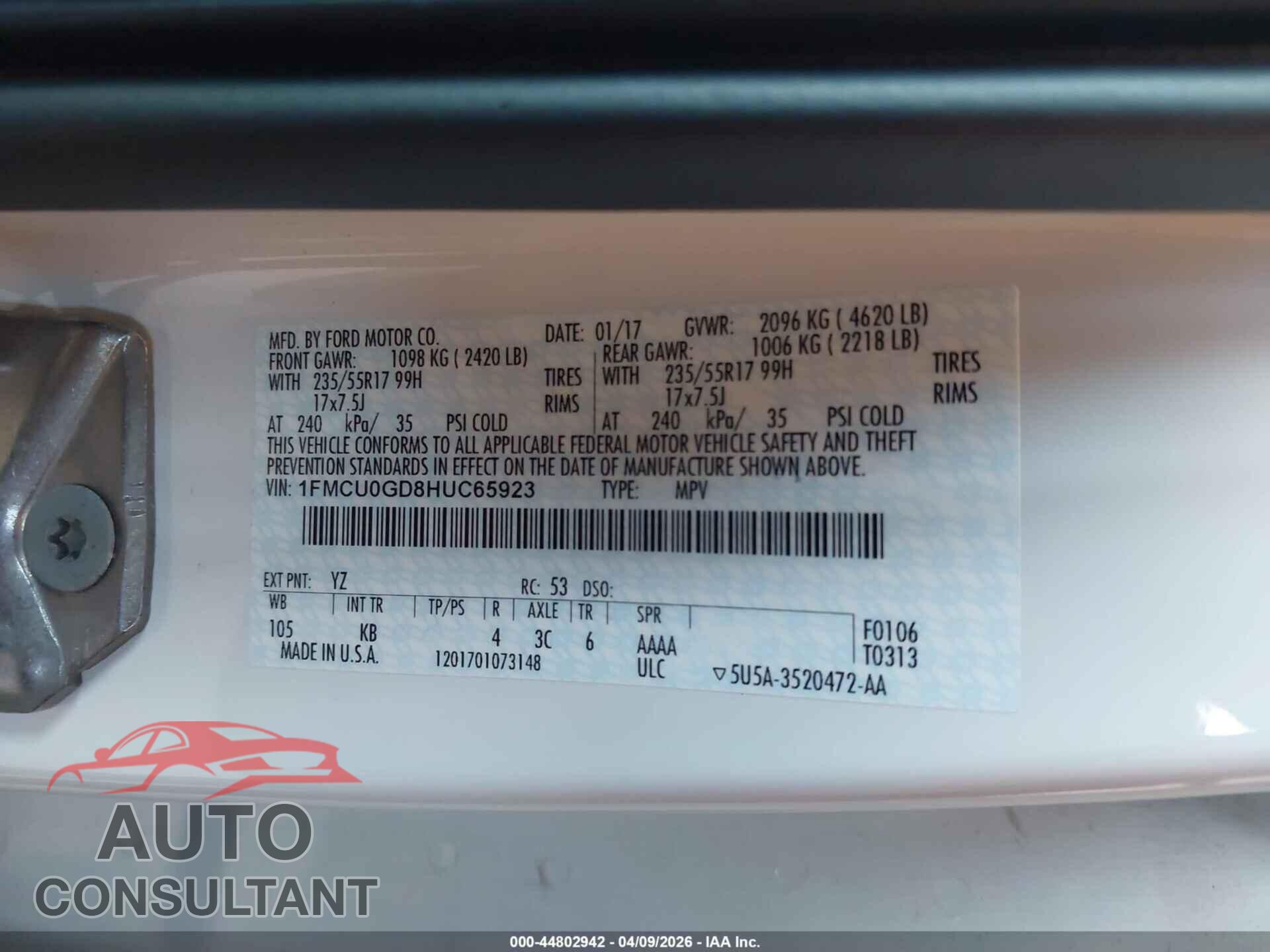 FORD ESCAPE 2017 - 1FMCU0GD8HUC65923
