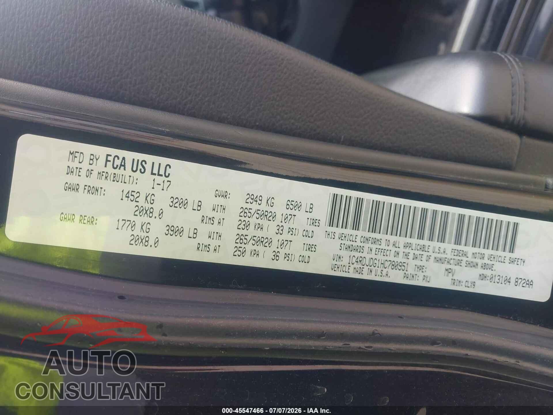 DODGE DURANGO 2017 - 1C4RDJDG1HC780951