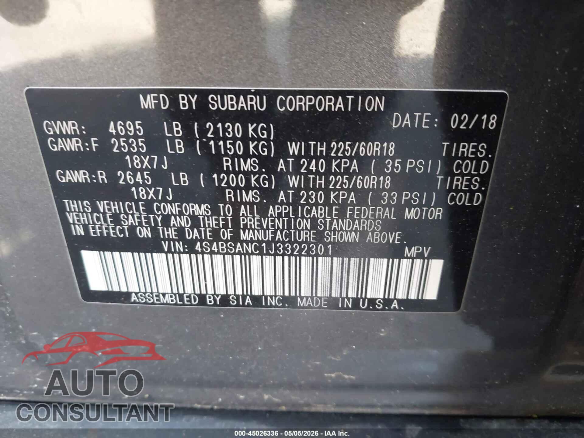 SUBARU OUTBACK 2018 - 4S4BSANC1J3322301