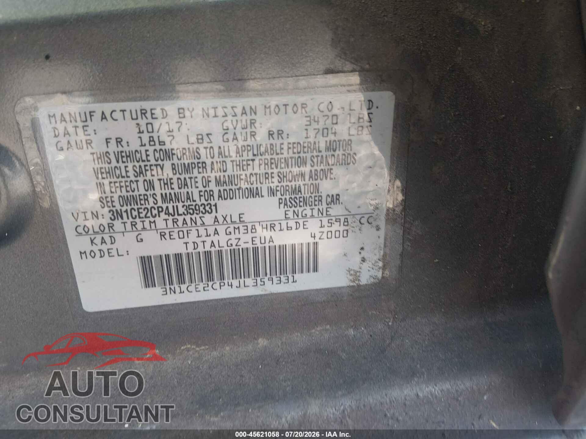 NISSAN VERSA NOTE 2018 - 3N1CE2CP4JL359331