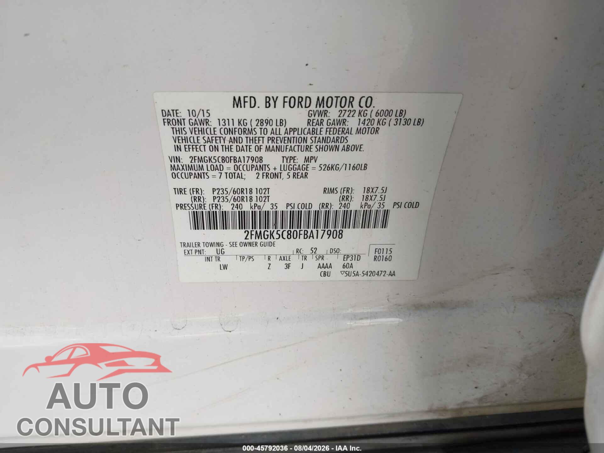 FORD FLEX 2015 - 2FMGK5C80FBA17908