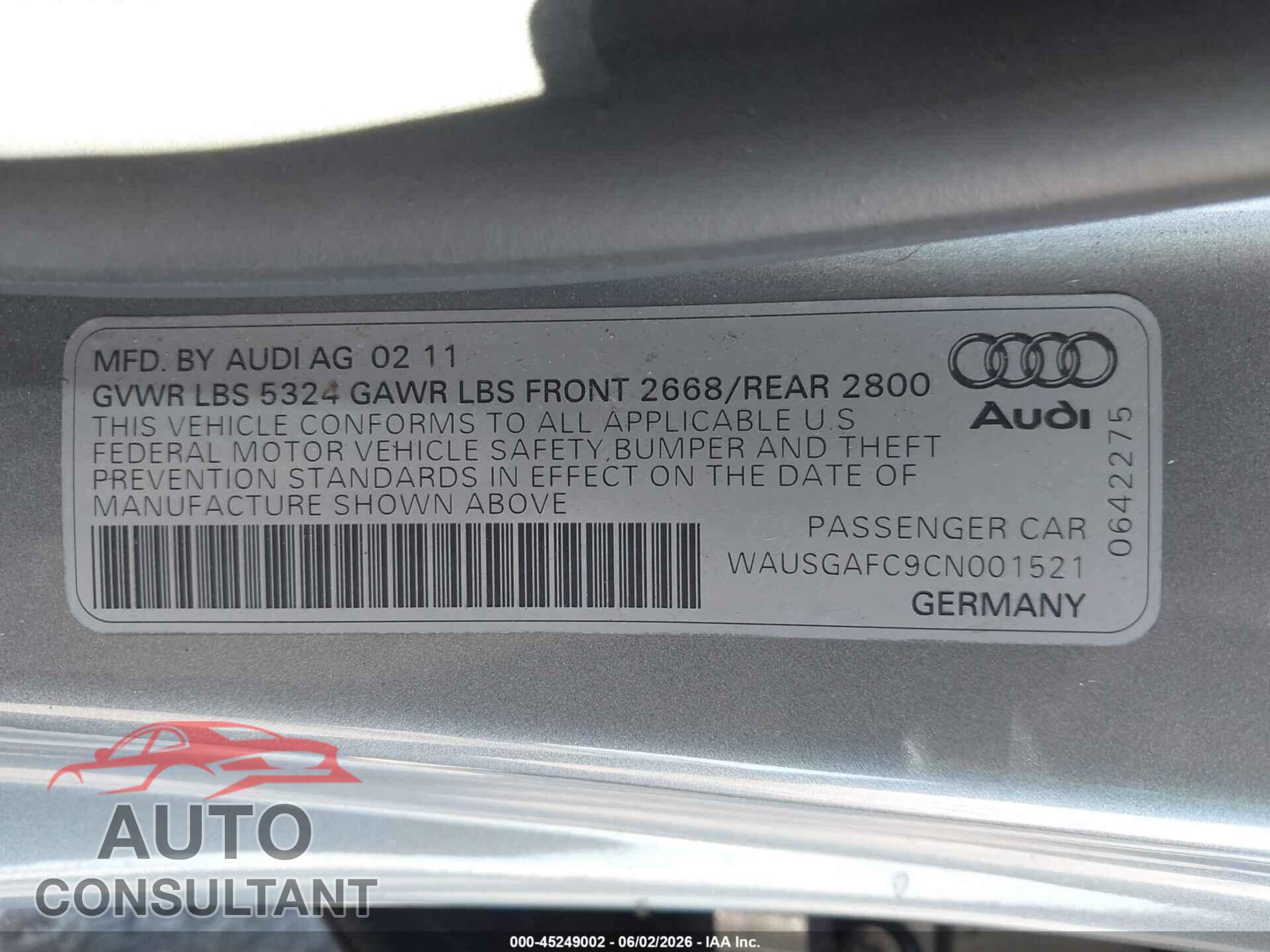 AUDI A7 2012 - WAUSGAFC9CN001521