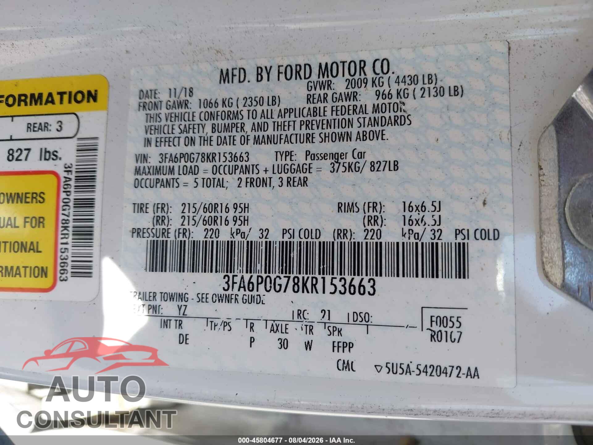 FORD FUSION 2019 - 3FA6P0G78KR153663