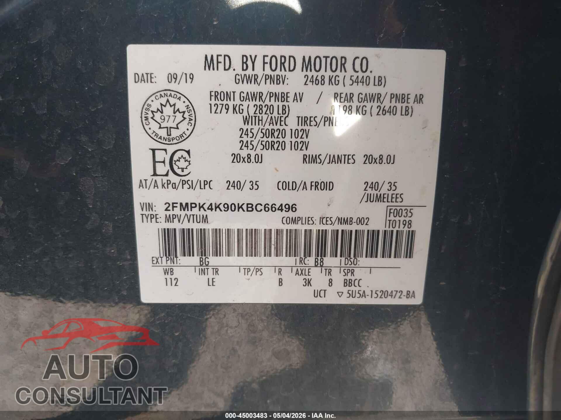 FORD EDGE 2019 - 2FMPK4K90KBC66496