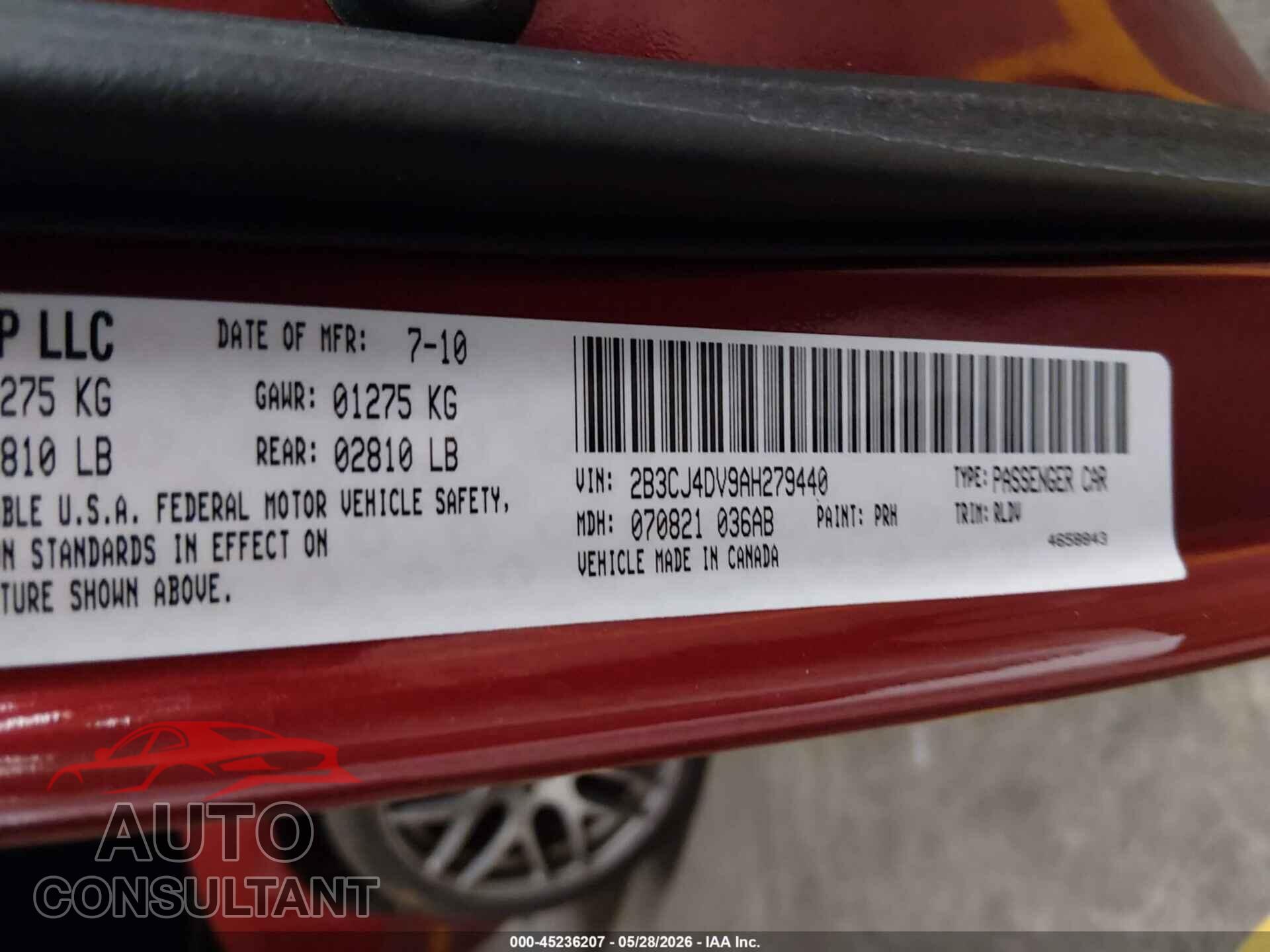 DODGE CHALLENGER 2010 - 2B3CJ4DV9AH279440
