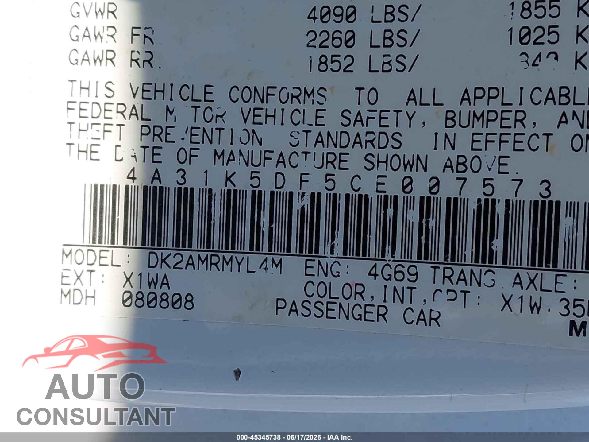 MITSUBISHI ECLIPSE 2012 - 4A31K5DF5CE007573