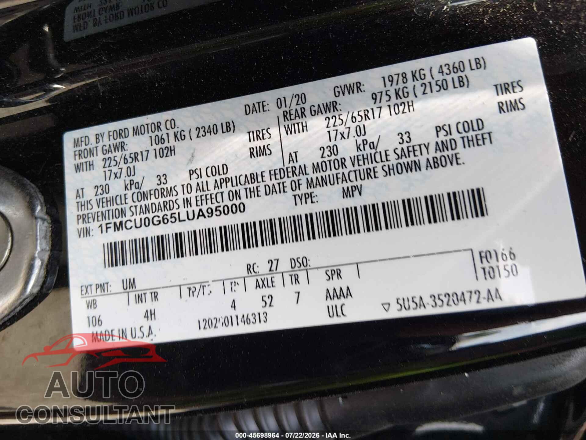 FORD ESCAPE 2020 - 1FMCU0G65LUA95000
