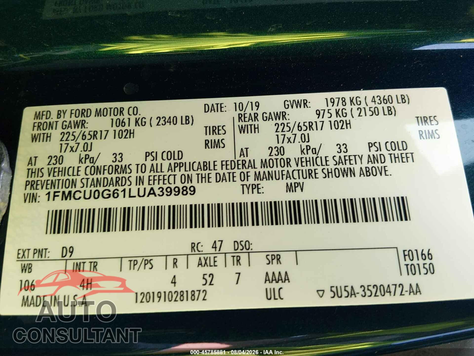 FORD ESCAPE 2020 - 1FMCU0G61LUA39989