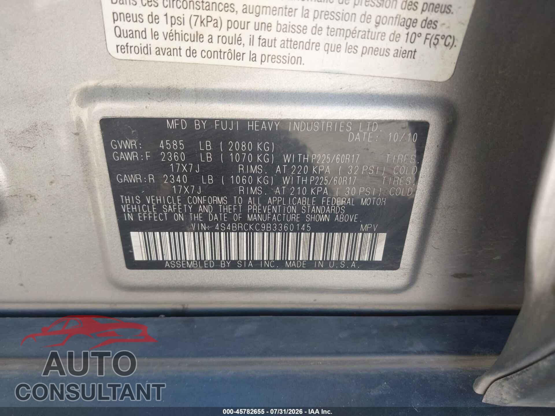 SUBARU OUTBACK 2011 - 4S4BRCKC9B3360145