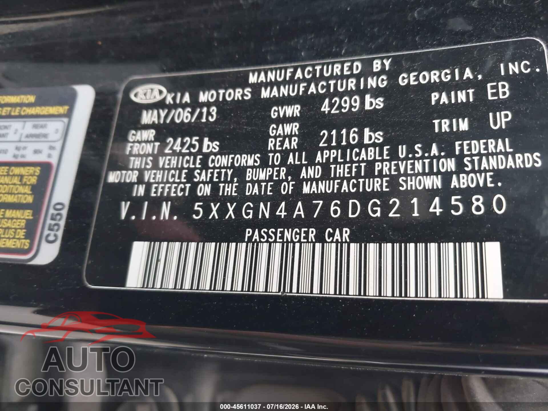 KIA OPTIMA 2013 - 5XXGN4A76DG214580