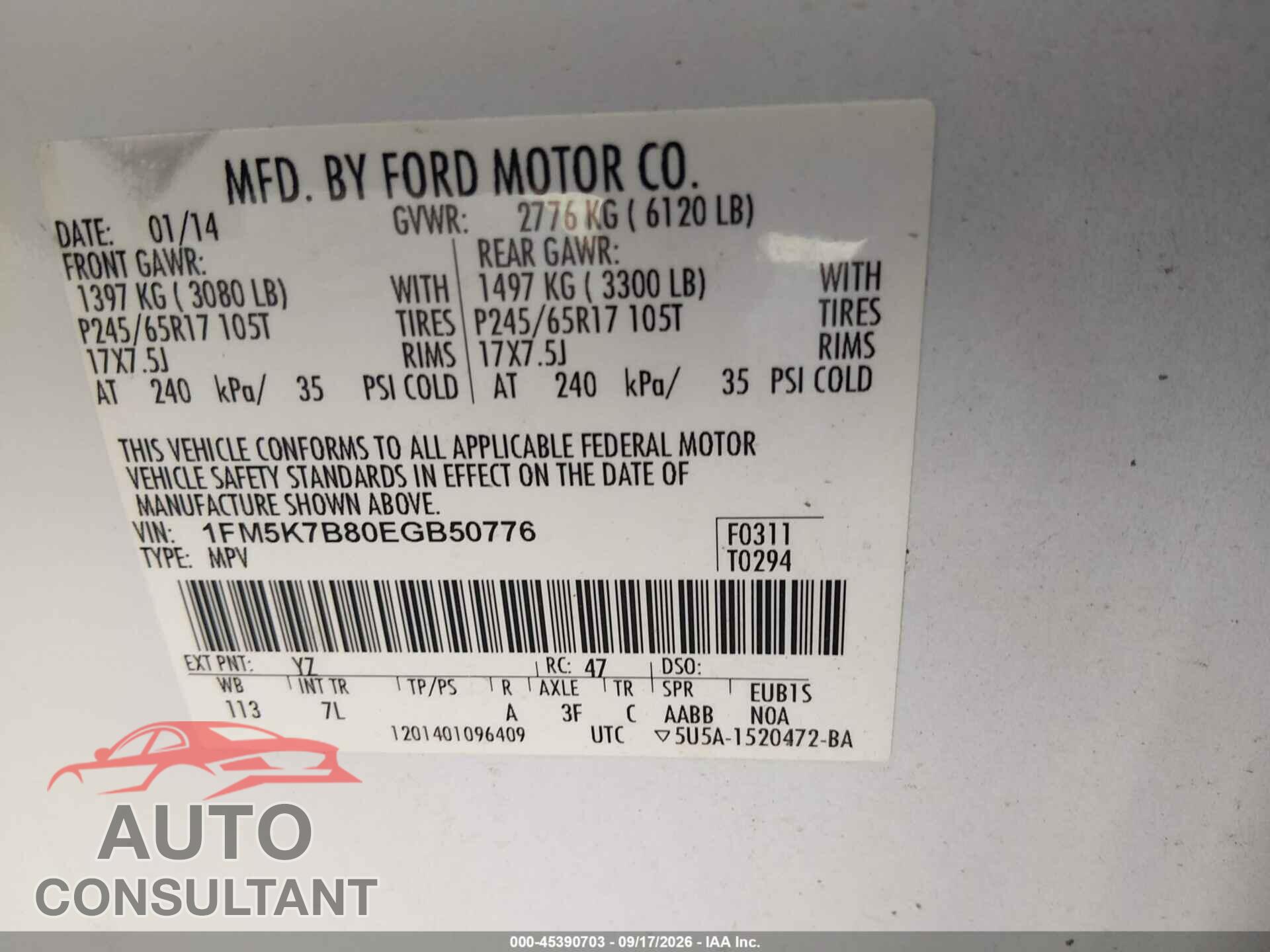 FORD EXPLORER 2014 - 1FM5K7B80EGB50776