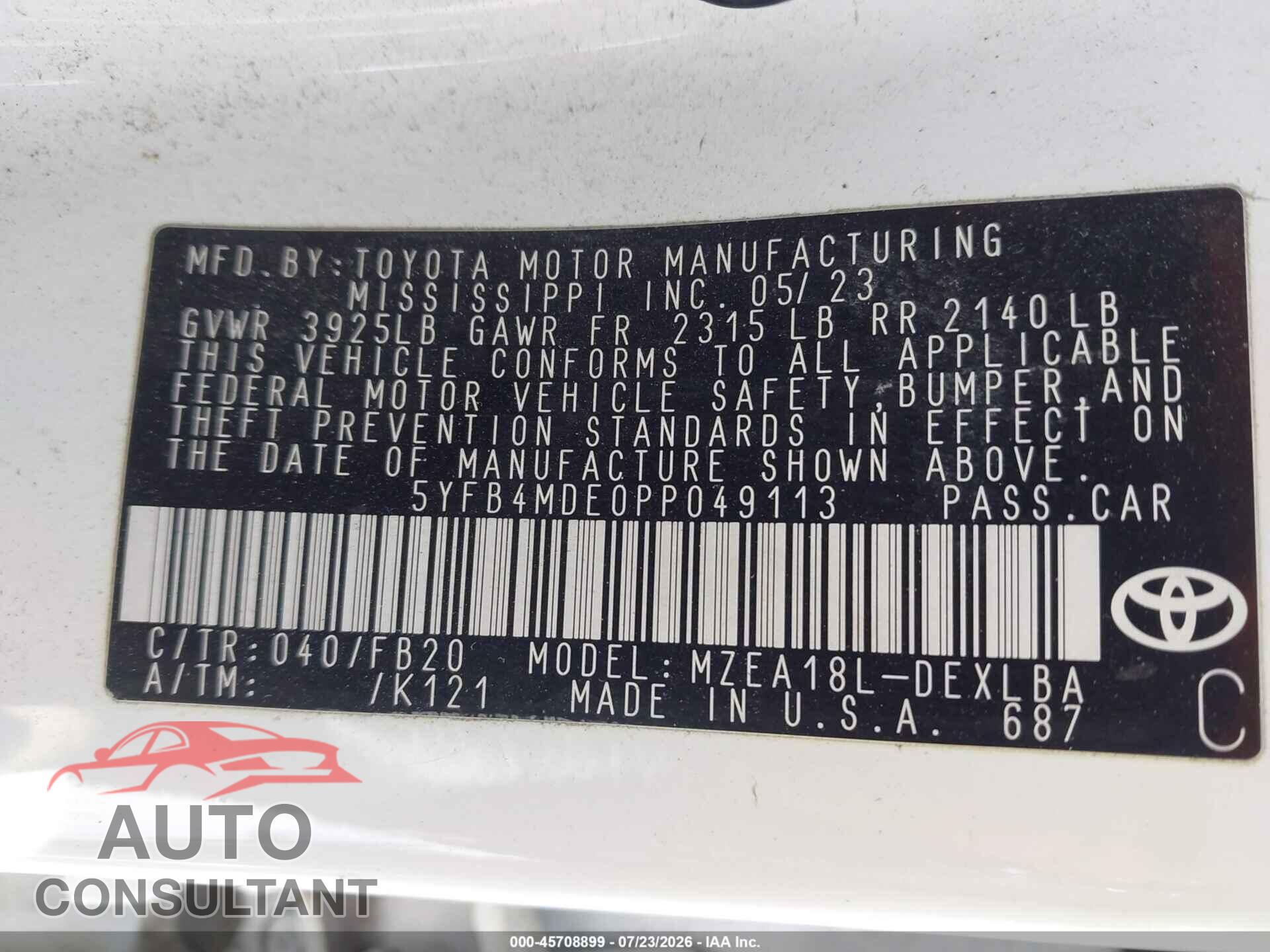 TOYOTA COROLLA 2023 - 5YFB4MDE0PP049113