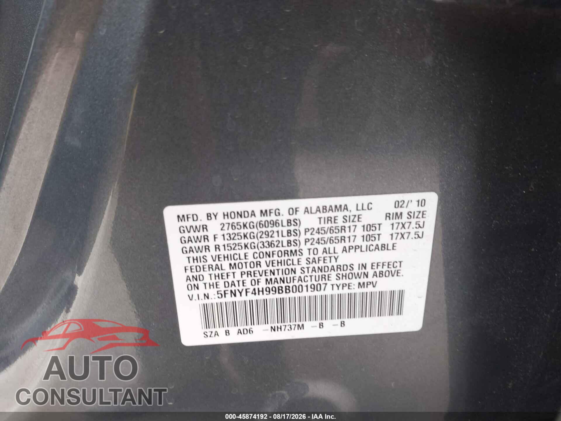 HONDA PILOT 2011 - 5FNYF4H99BB001907