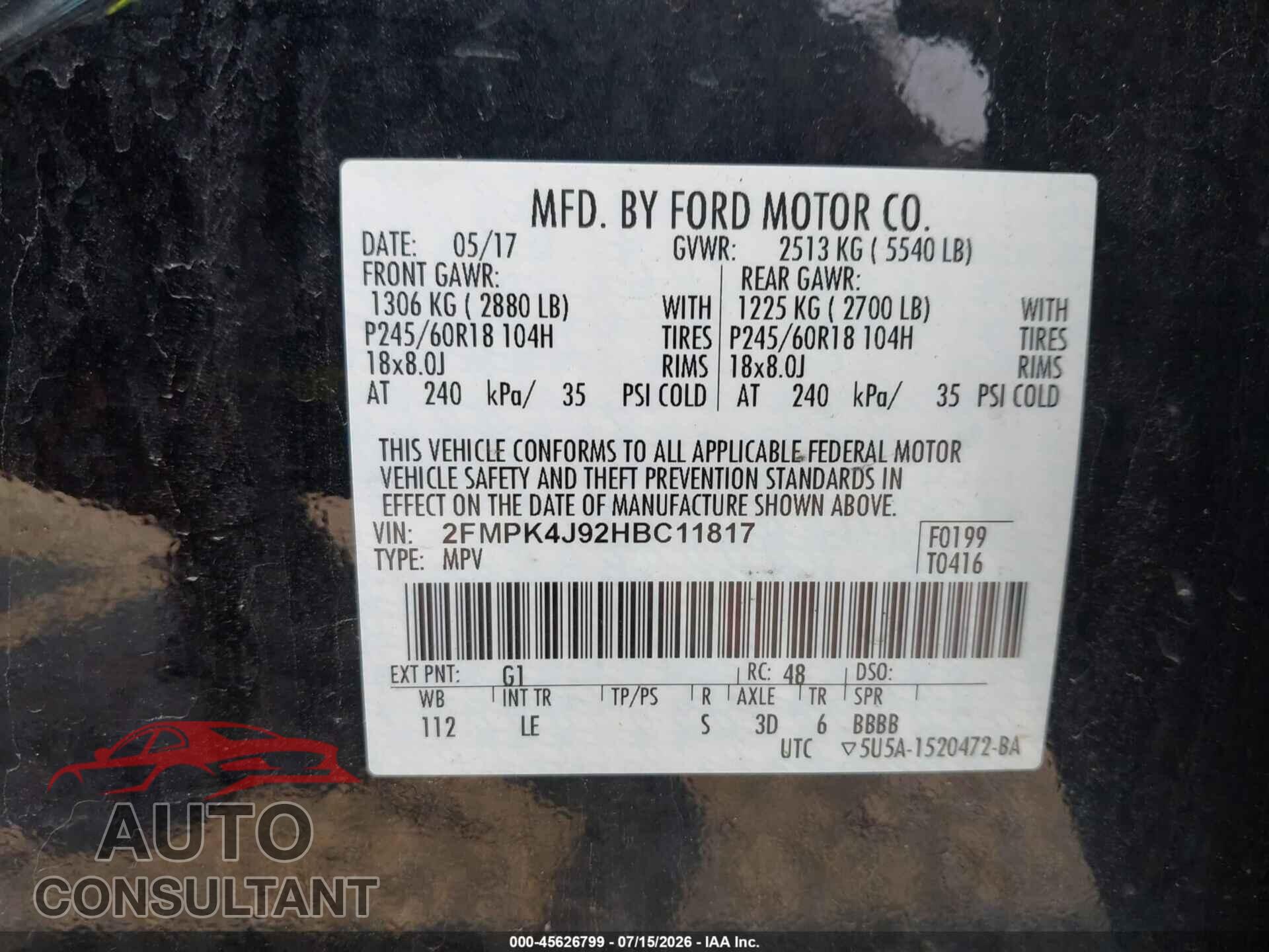 FORD EDGE 2017 - 2FMPK4J92HBC11817