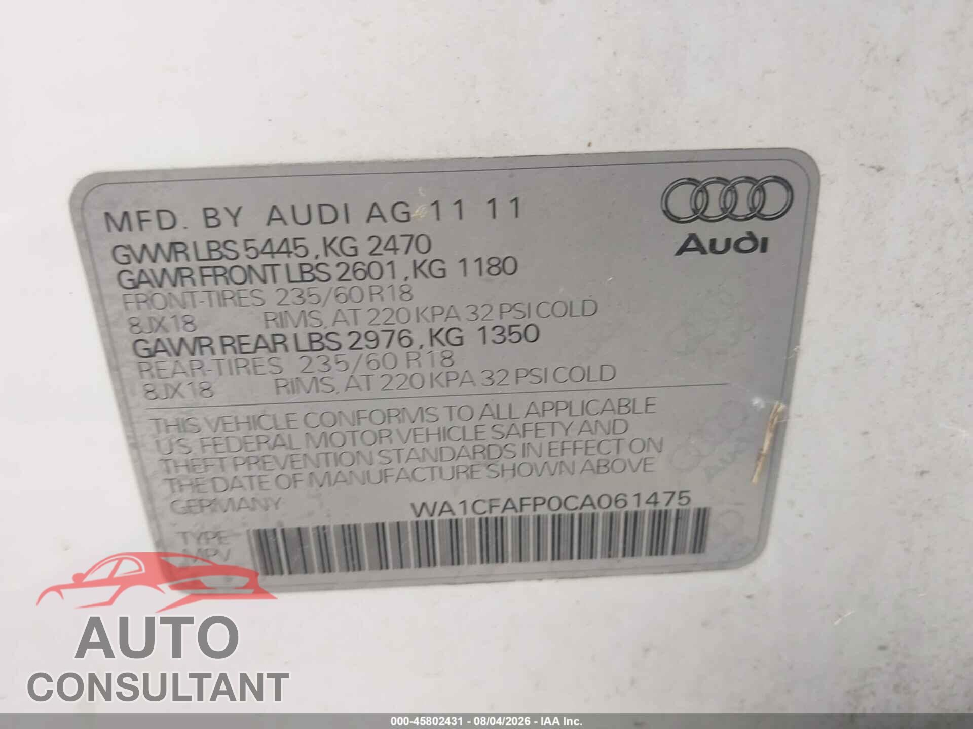 AUDI Q5 2012 - WA1CFAFP0CA061475