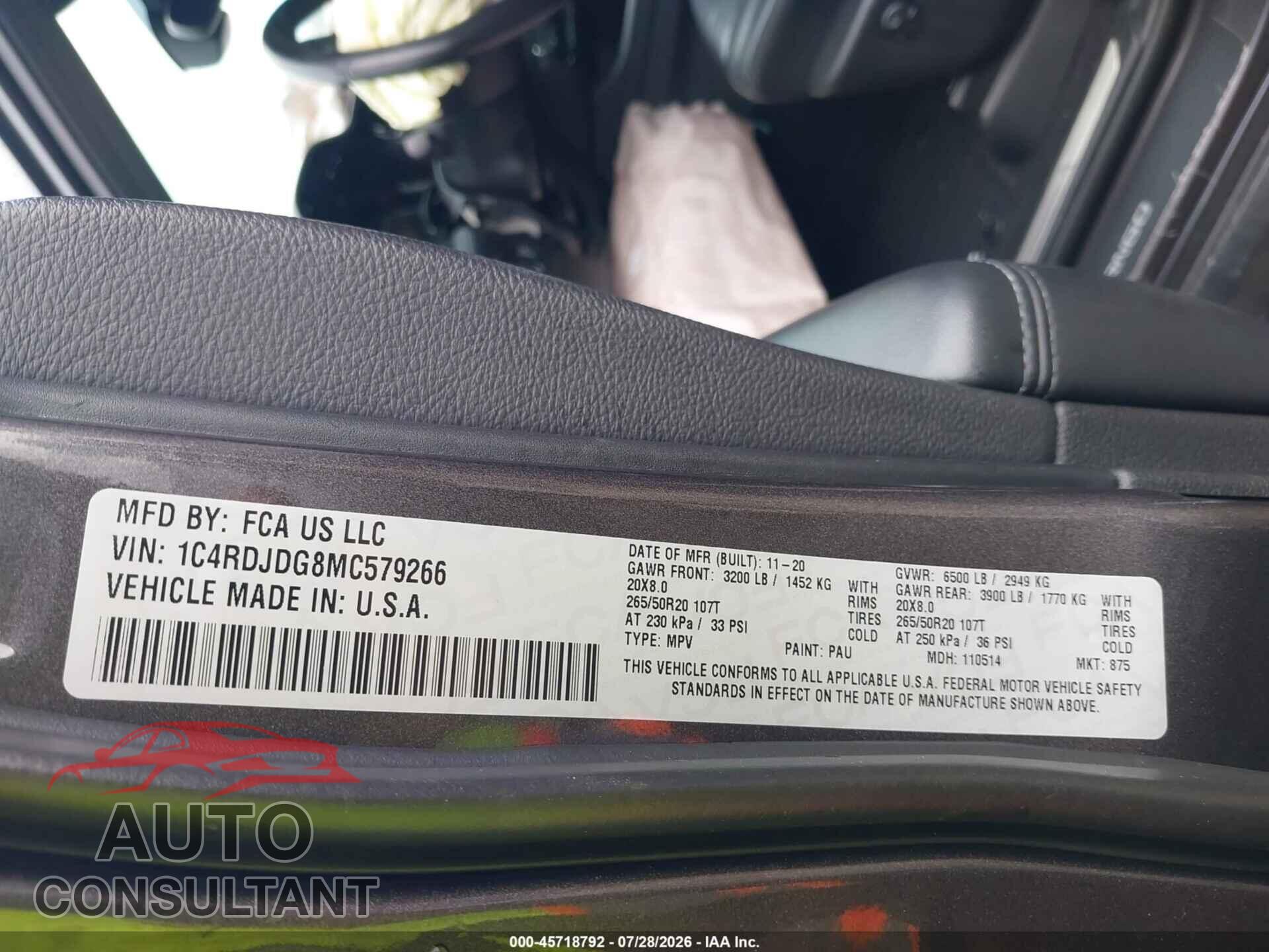 DODGE DURANGO 2021 - 1C4RDJDG8MC579266