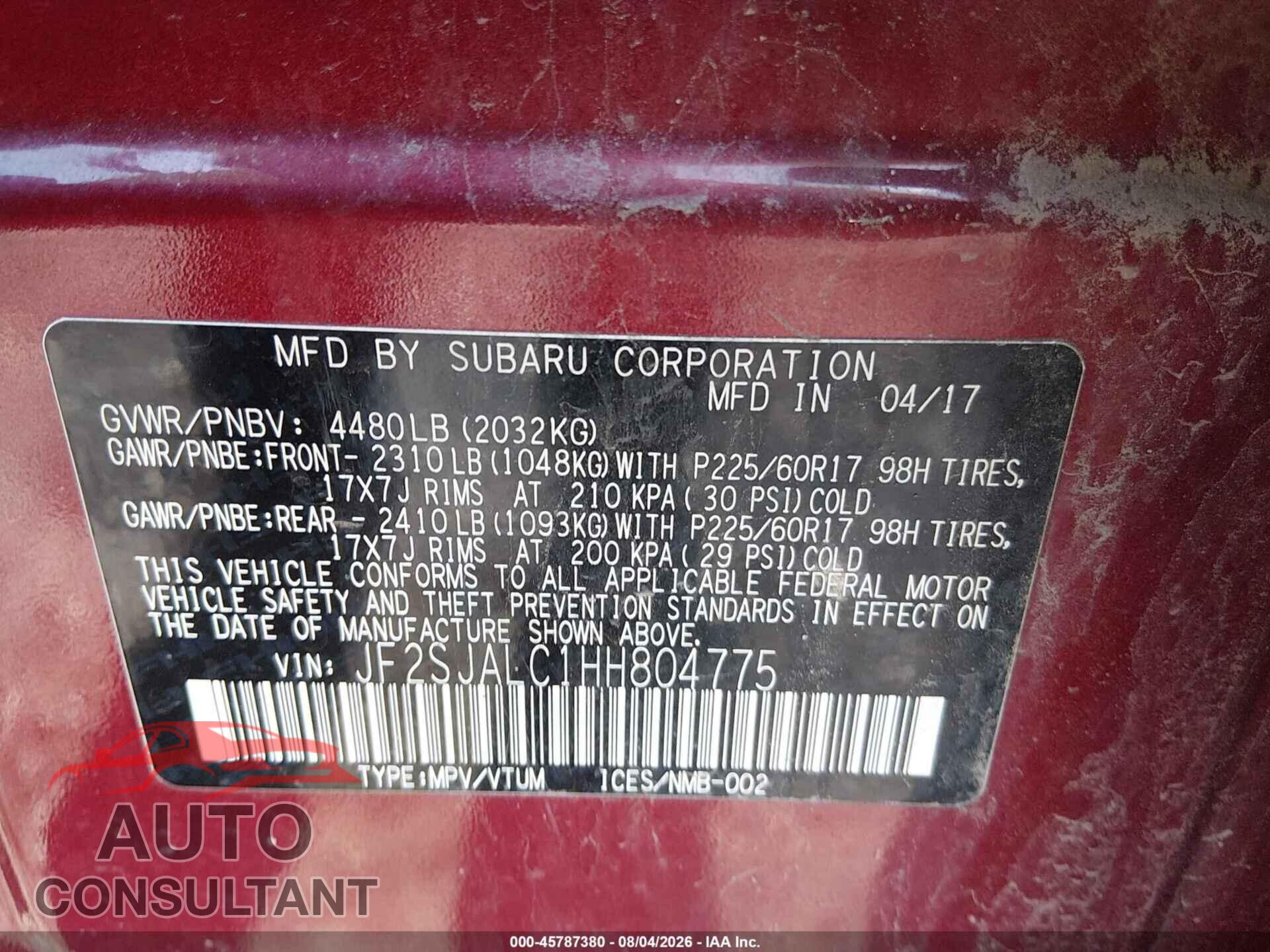 SUBARU FORESTER 2017 - JF2SJALC1HH804775
