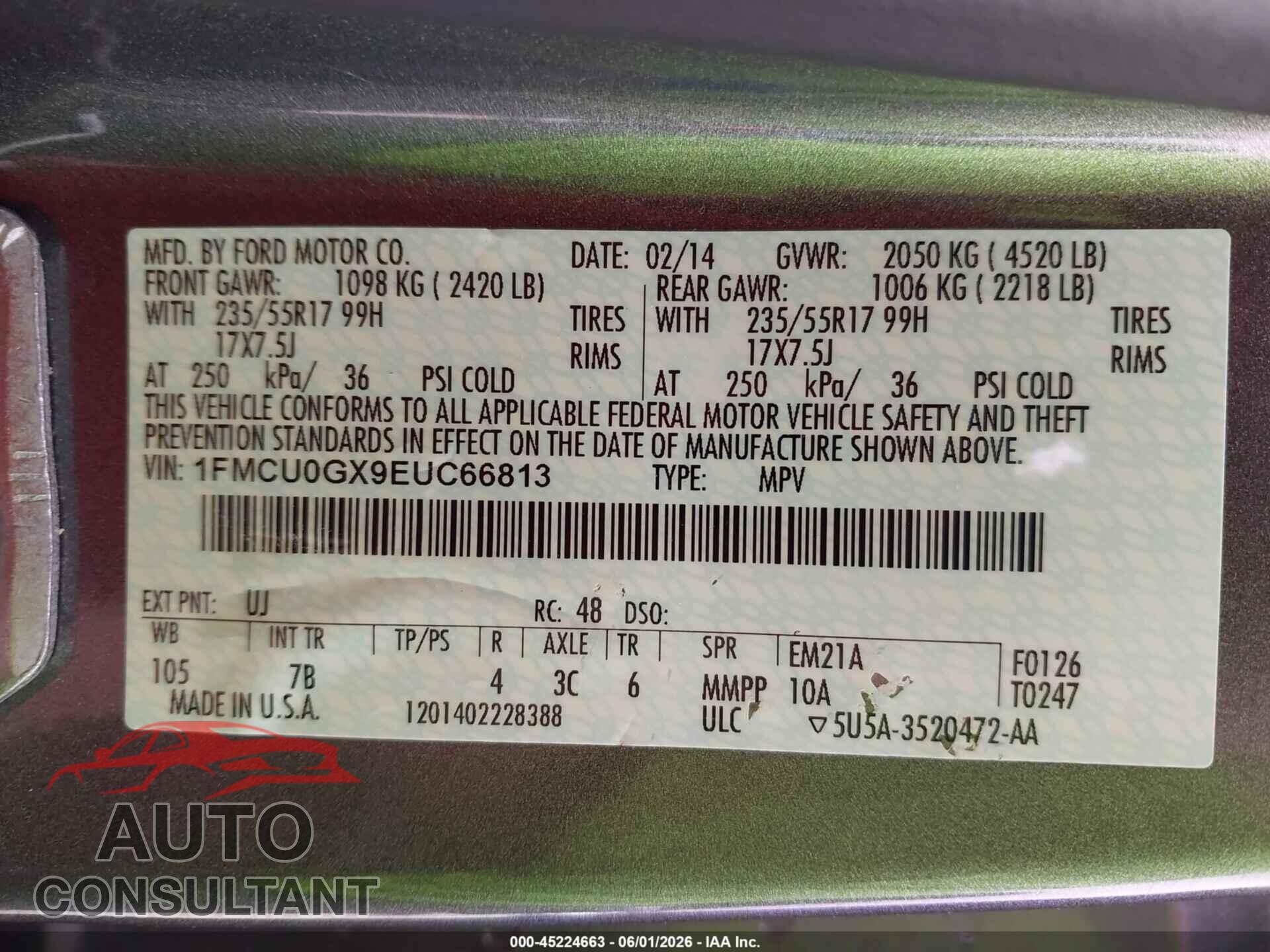 FORD ESCAPE 2014 - 1FMCU0GX9EUC66813