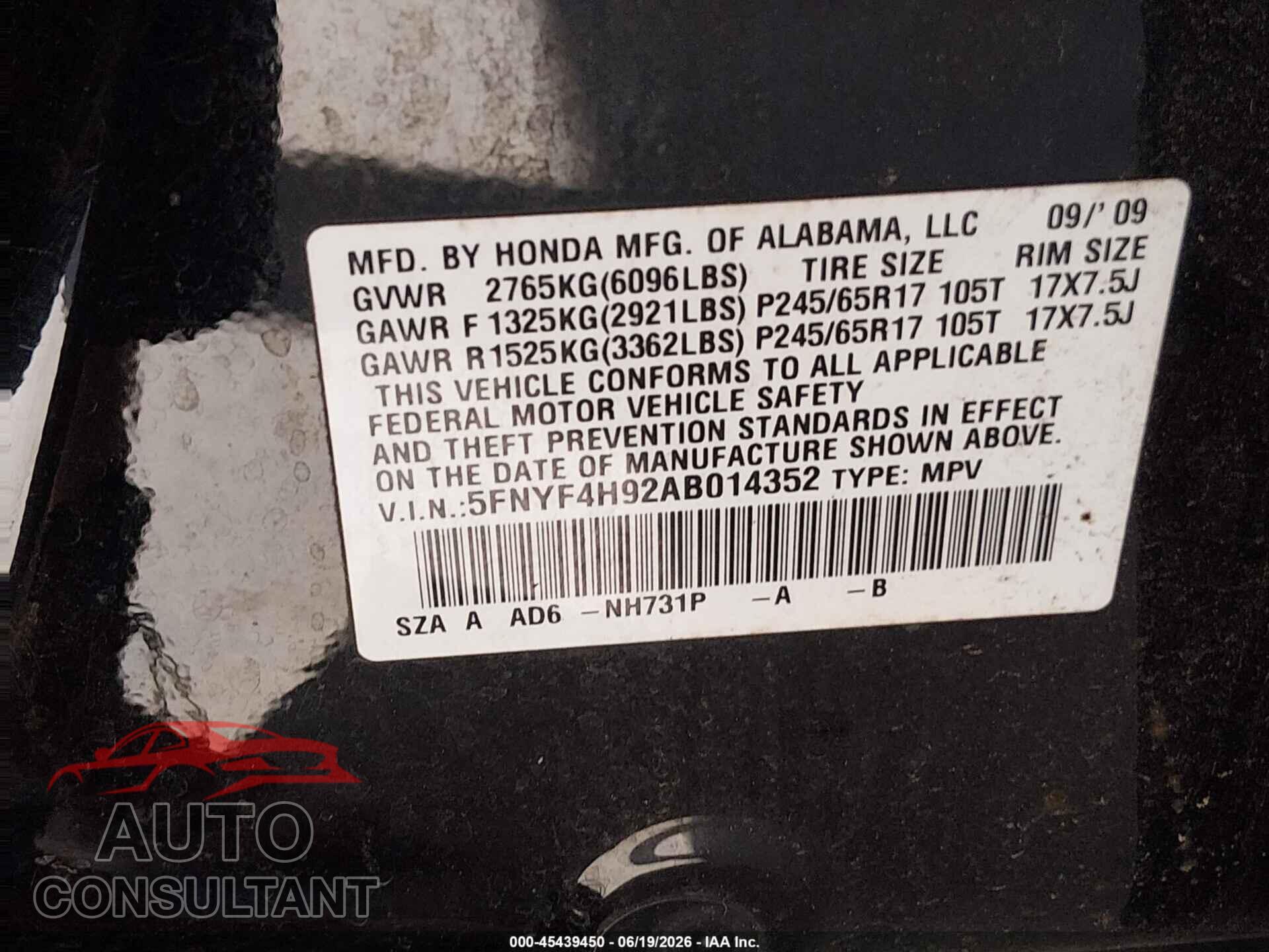 HONDA PILOT 2010 - 5FNYF4H92AB014352