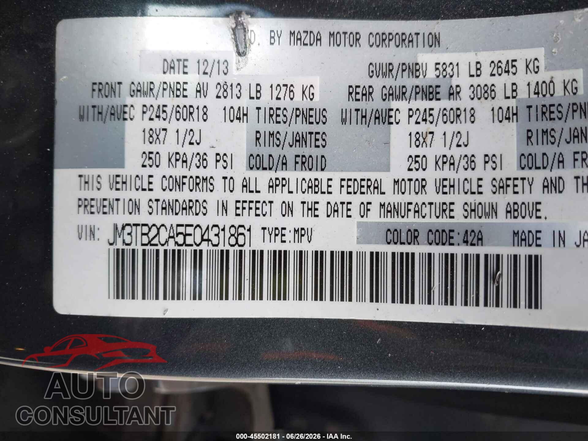 MAZDA CX-9 2014 - JM3TB2CA5E0431861