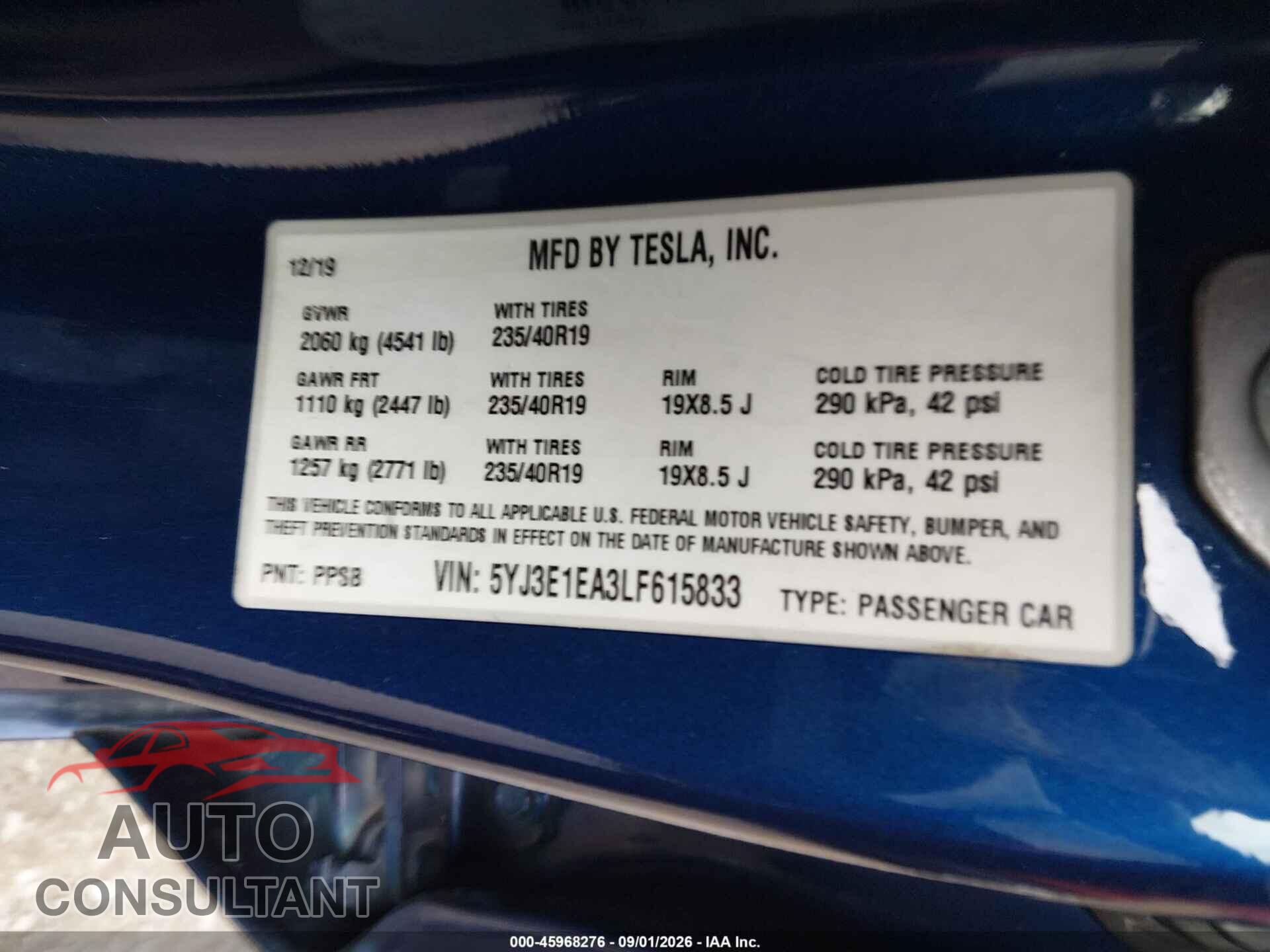 TESLA MODEL 3 2020 - 5YJ3E1EA3LF615833